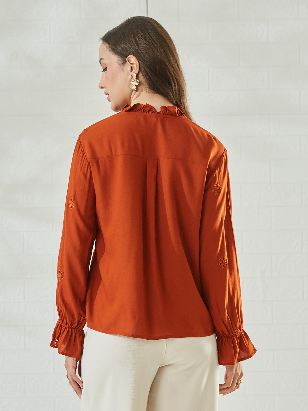 Rust Bloom Cotton Embroidered Casual Shirt For Women
