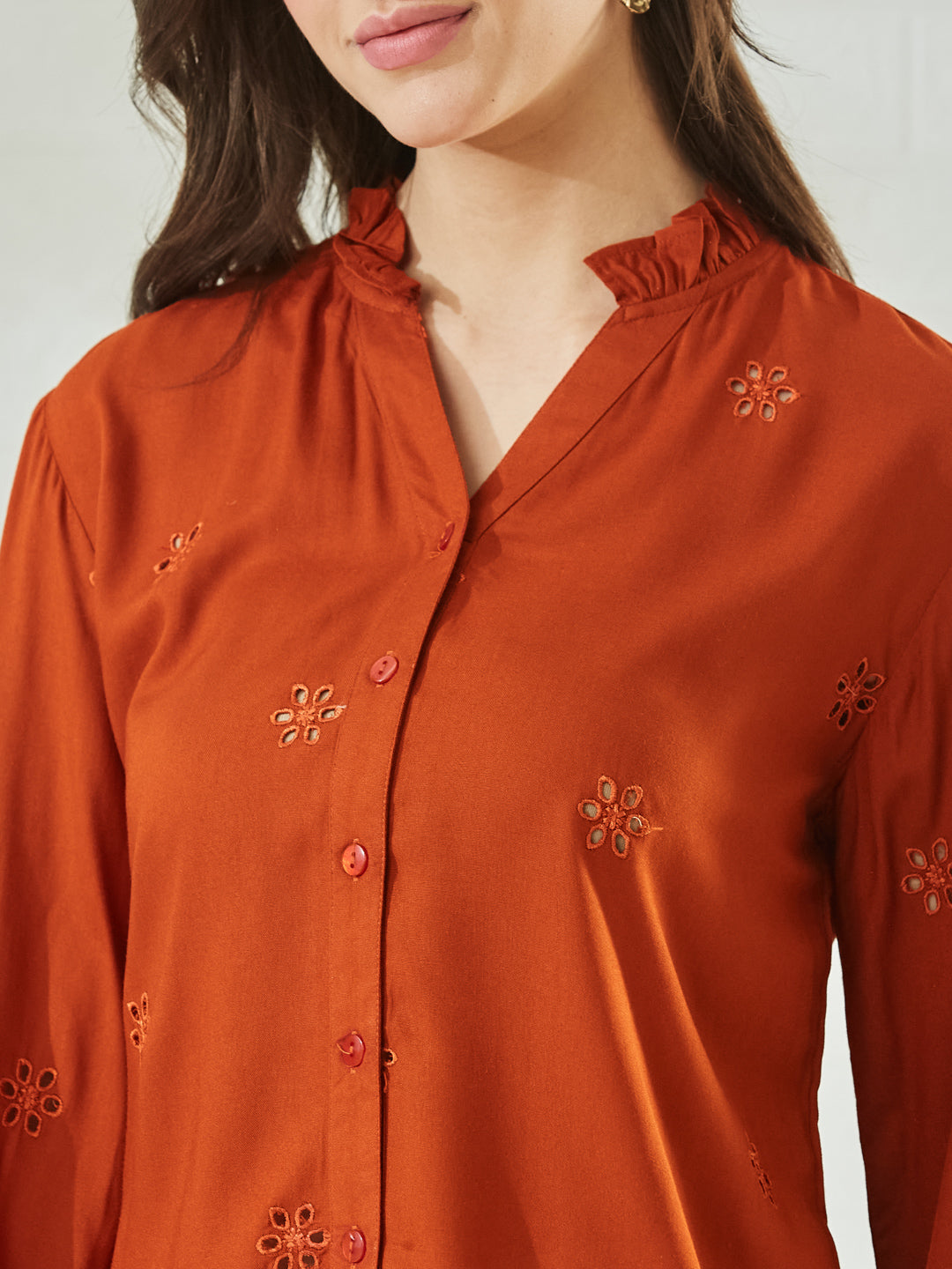 Rust Bloom Cotton Embroidered Casual Shirt For Women