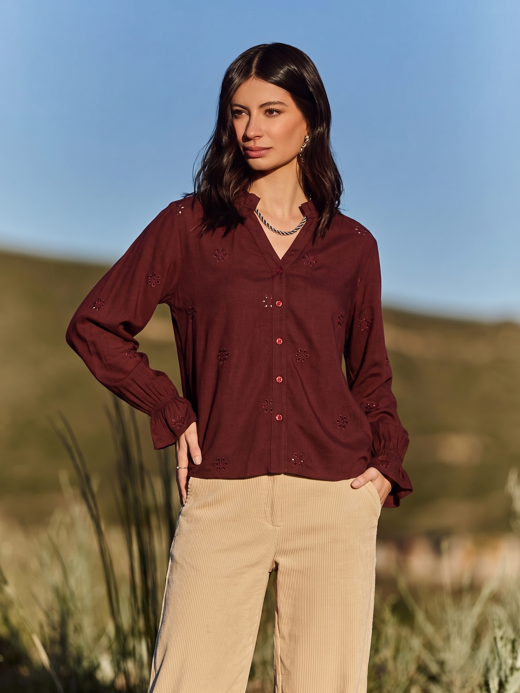 Coffee Cotton Embroidered Statement Shirt for Women