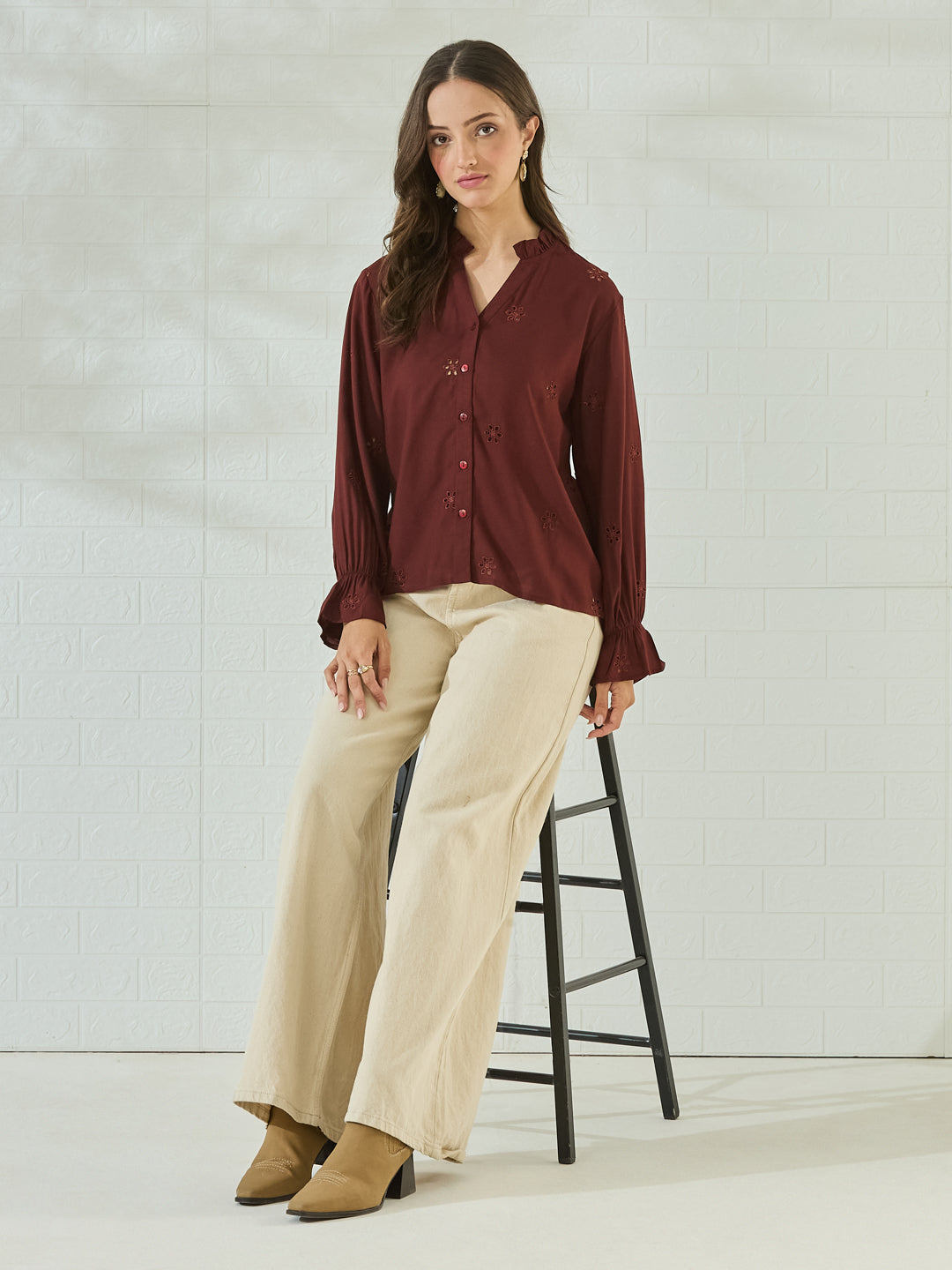 Coffee Cotton Embroidered Statement Shirt for Women