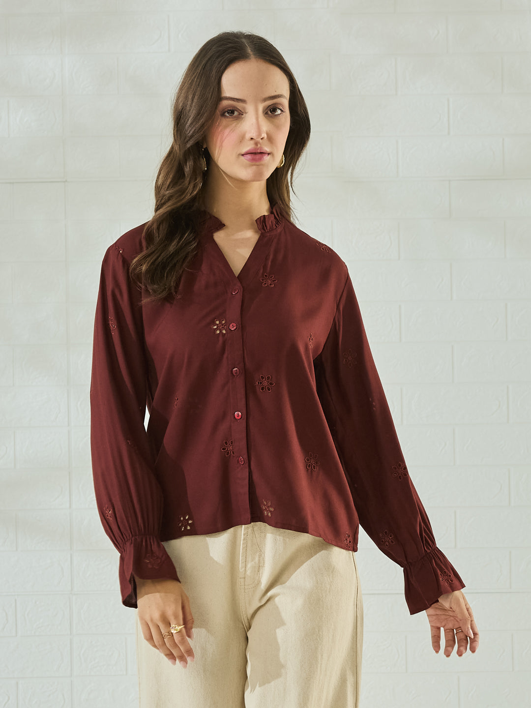 Coffee Cotton Embroidered Statement Shirt for Women