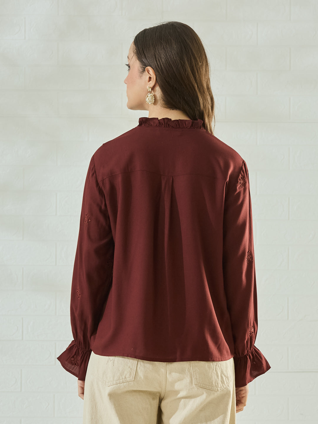 Coffee Cotton Embroidered Statement Shirt for Women