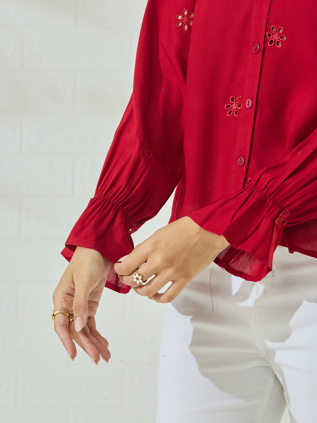 Trendy Red Cotton Embroidered Everyday Fashion Shirt For Women