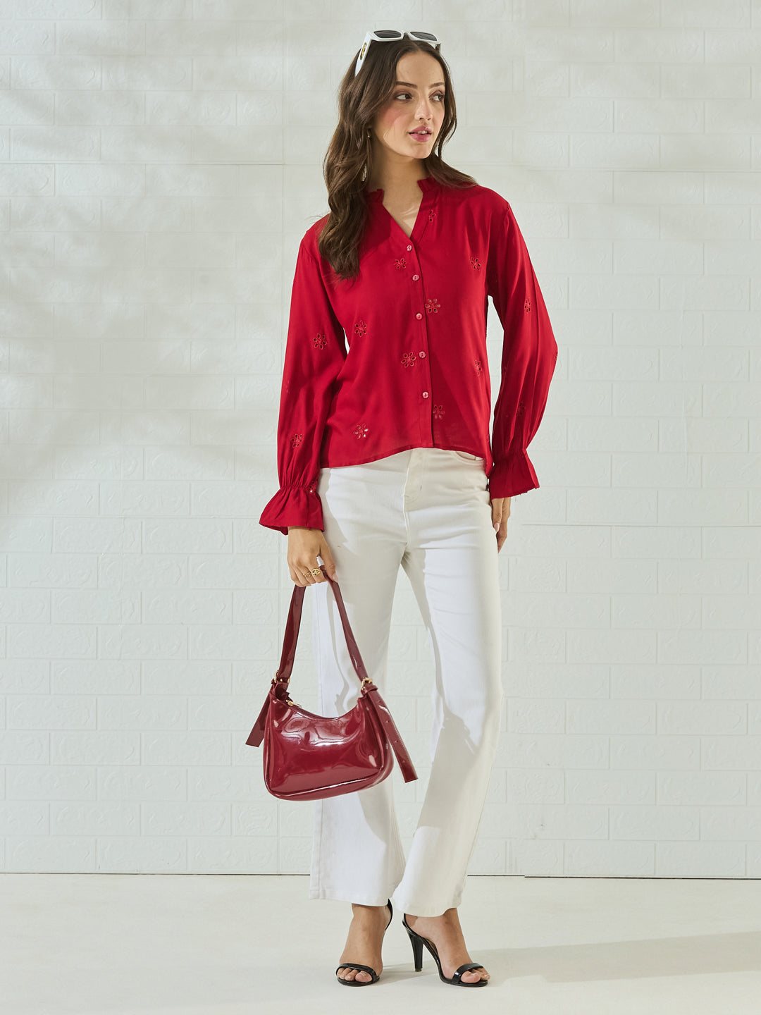 Trendy Red Cotton Embroidered Everyday Fashion Shirt For Women