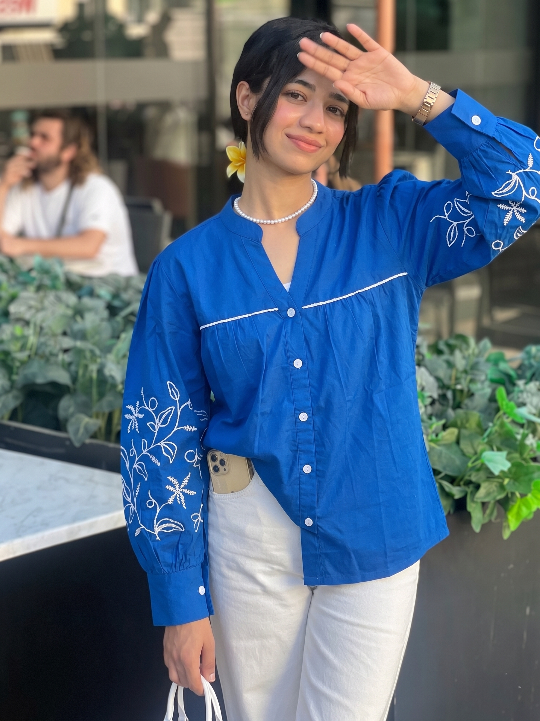 Women’s Royal Blue Cotton Shirt with Floral Embroidery & Full Sleeves