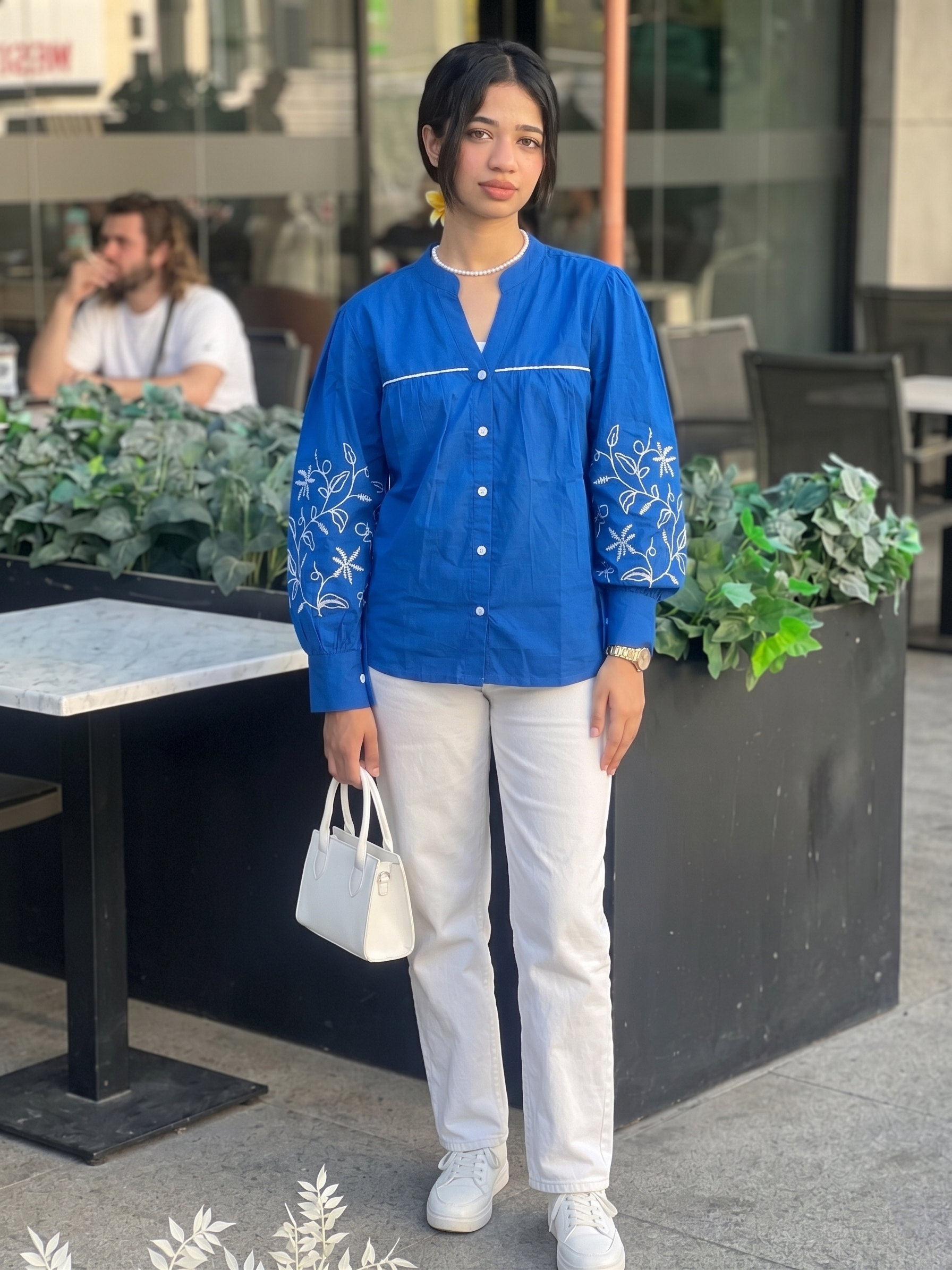 Women’s Royal Blue Cotton Shirt with Floral Embroidery & Full Sleeves