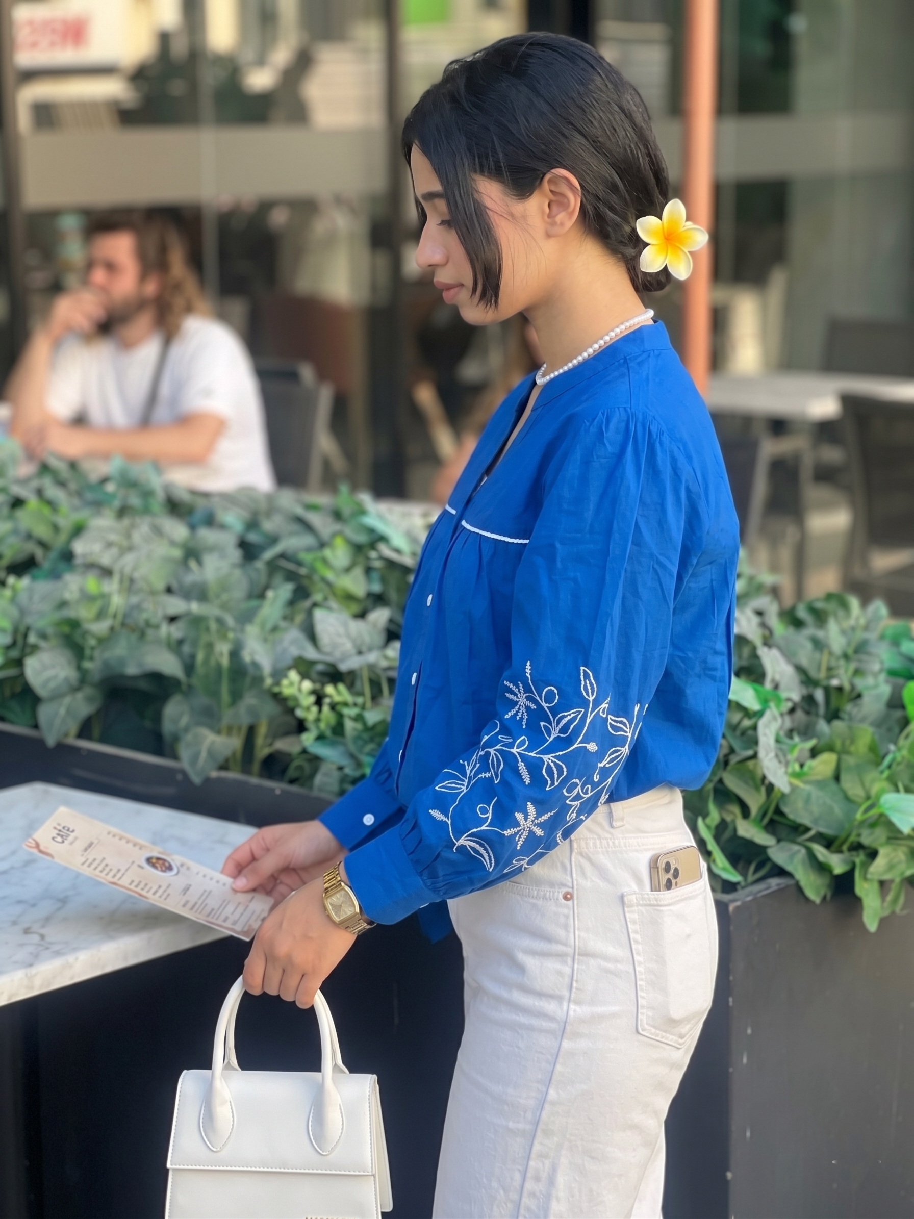 Women’s Royal Blue Cotton Shirt with Floral Embroidery & Full Sleeves