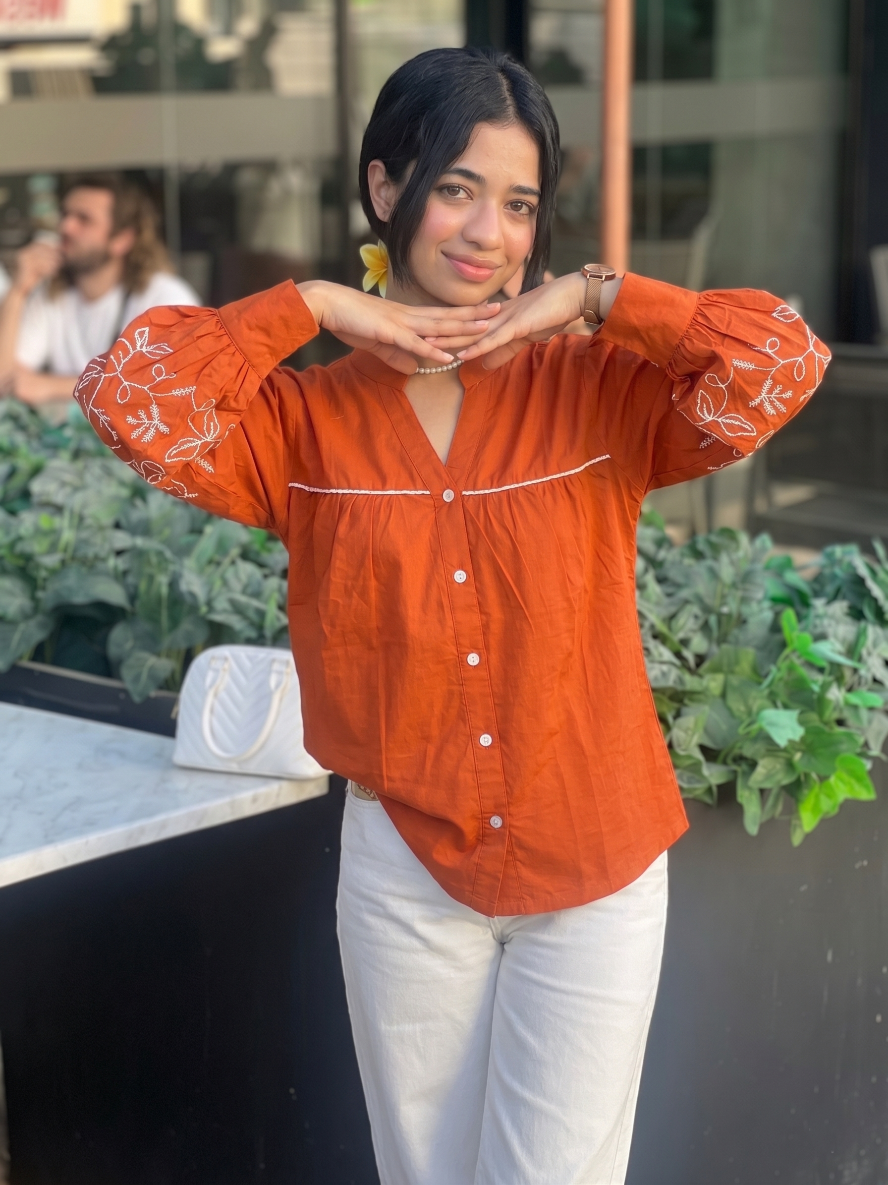 Orange Floral Cotton Embroidery Shirt for Women with Front Button Detailing