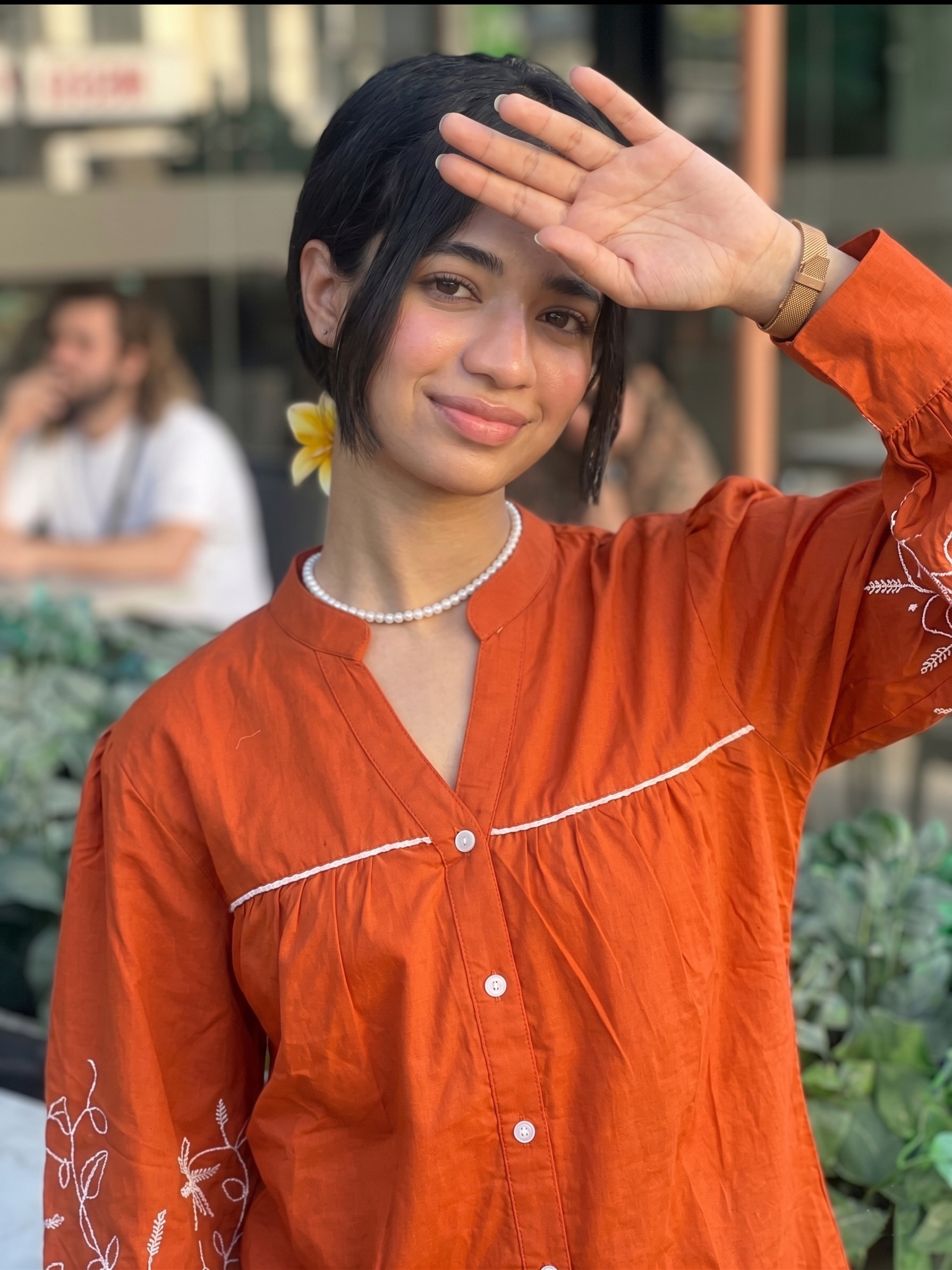Orange Floral Cotton Embroidery Shirt for Women with Front Button Detailing