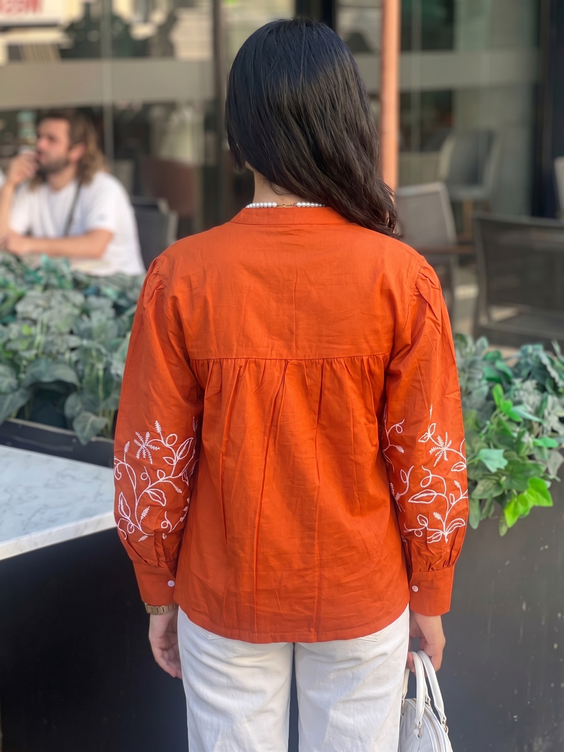 Orange Floral Cotton Embroidery Shirt for Women with Front Button Detailing