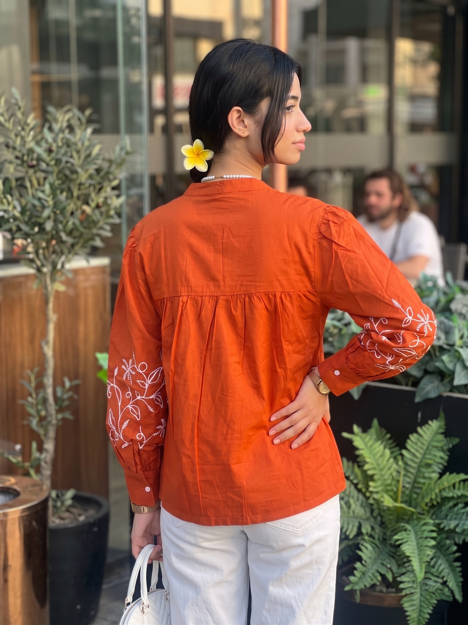 Orange Floral Cotton Embroidery Shirt for Women with Front Button Detailing