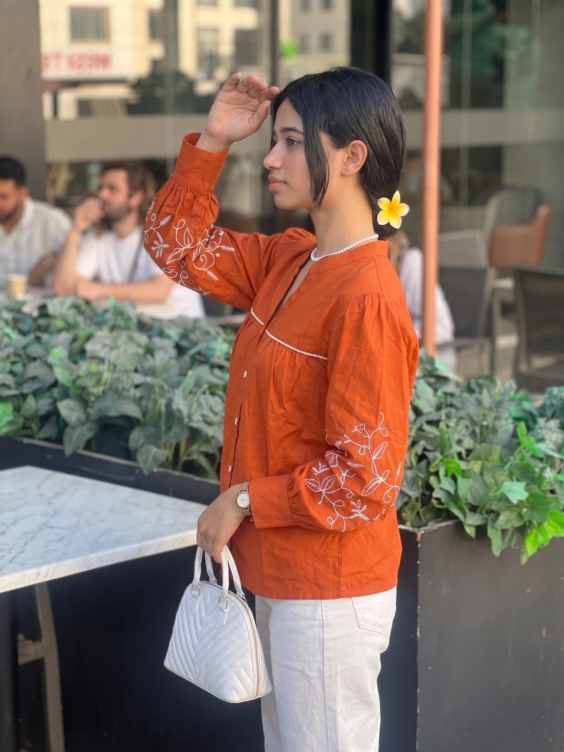 Orange Floral Cotton Embroidery Shirt for Women with Front Button Detailing