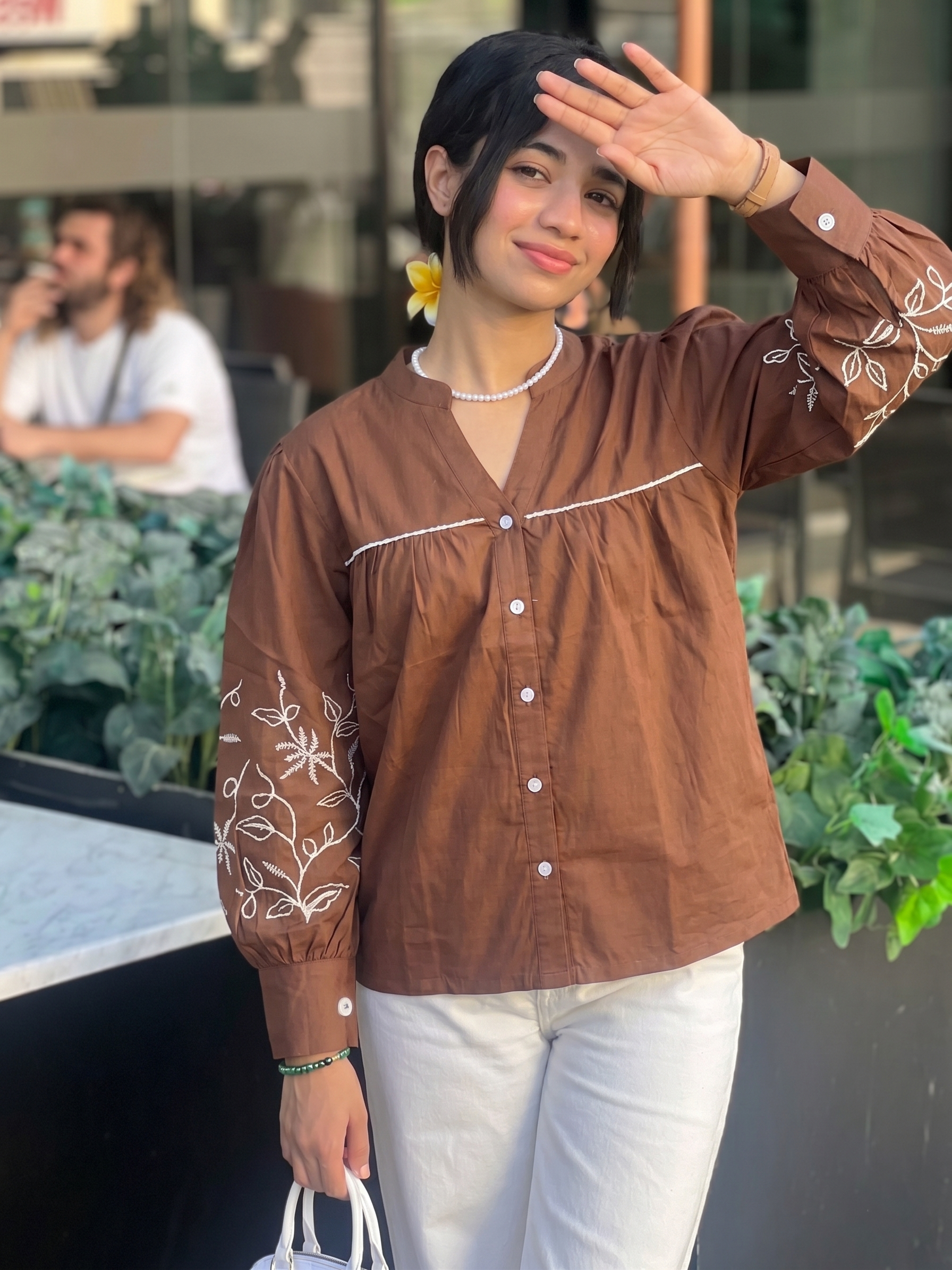 Coffee Cotton Handwork Embroidered Casual Shirt for Women