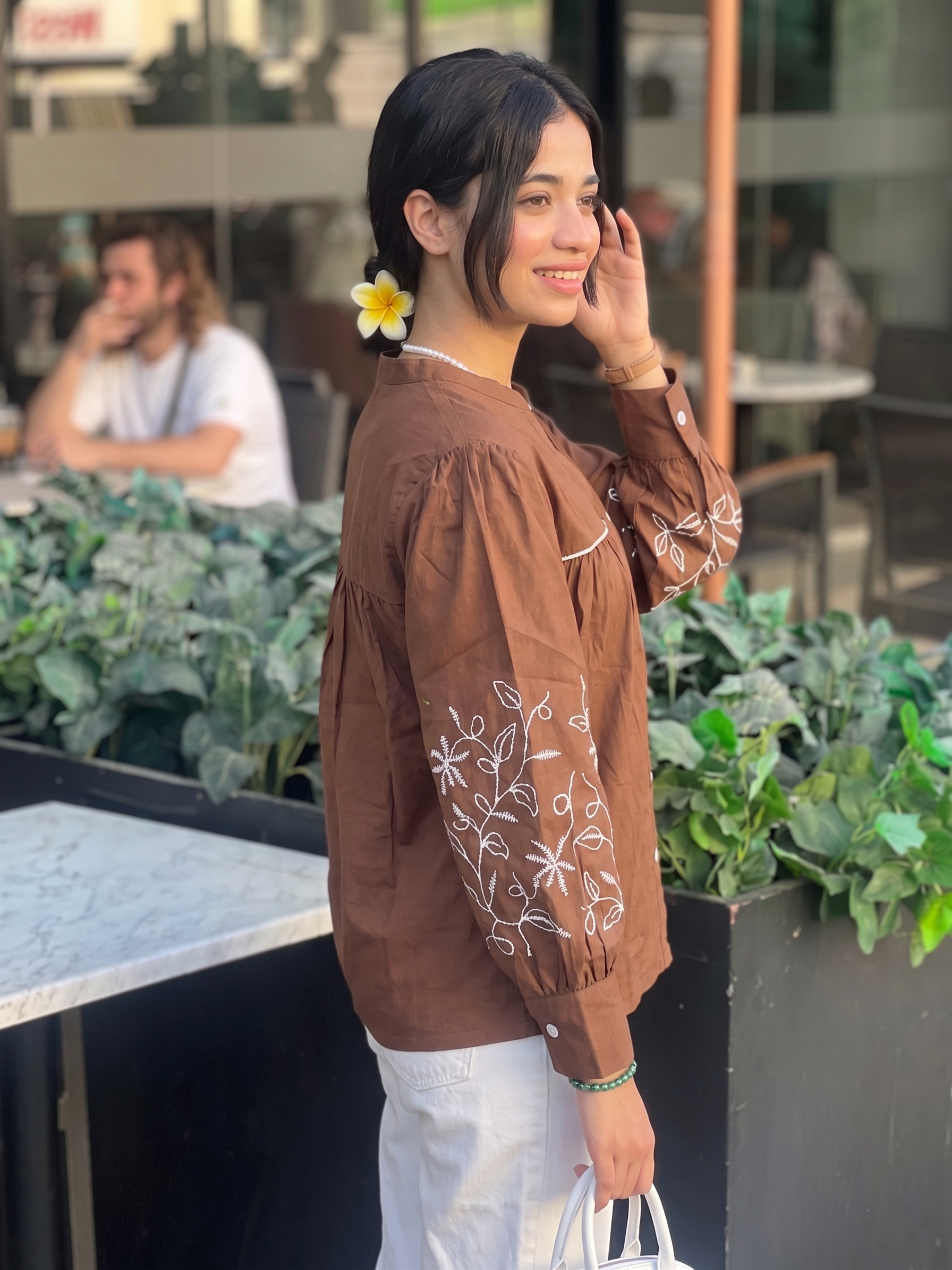 Coffee Cotton Handwork Embroidered Casual Shirt for Women
