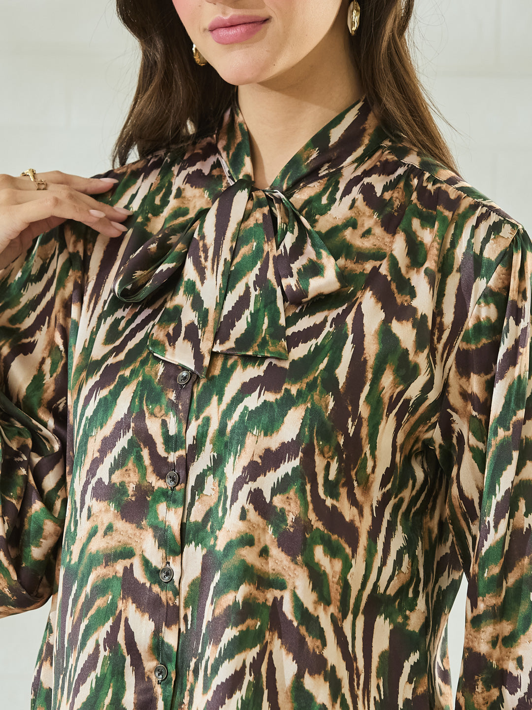 Women's Green Satin Abstract Printed Tie-Neck Regular Shirt