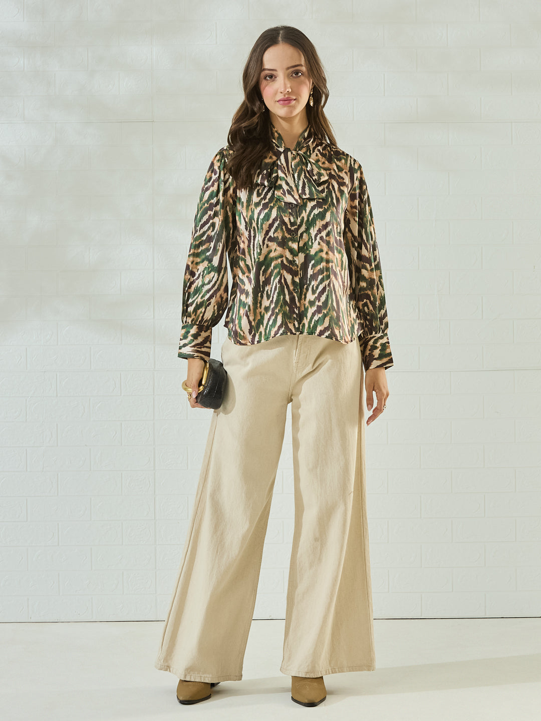Women's Green Satin Abstract Printed Tie-Neck Regular Shirt