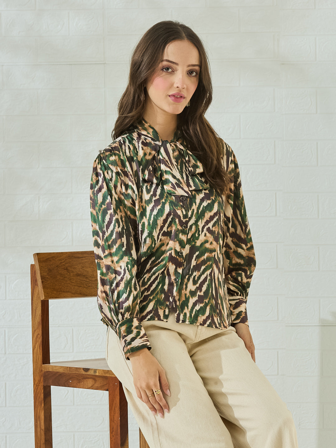 Women's Green Satin Abstract Printed Tie-Neck Regular Shirt