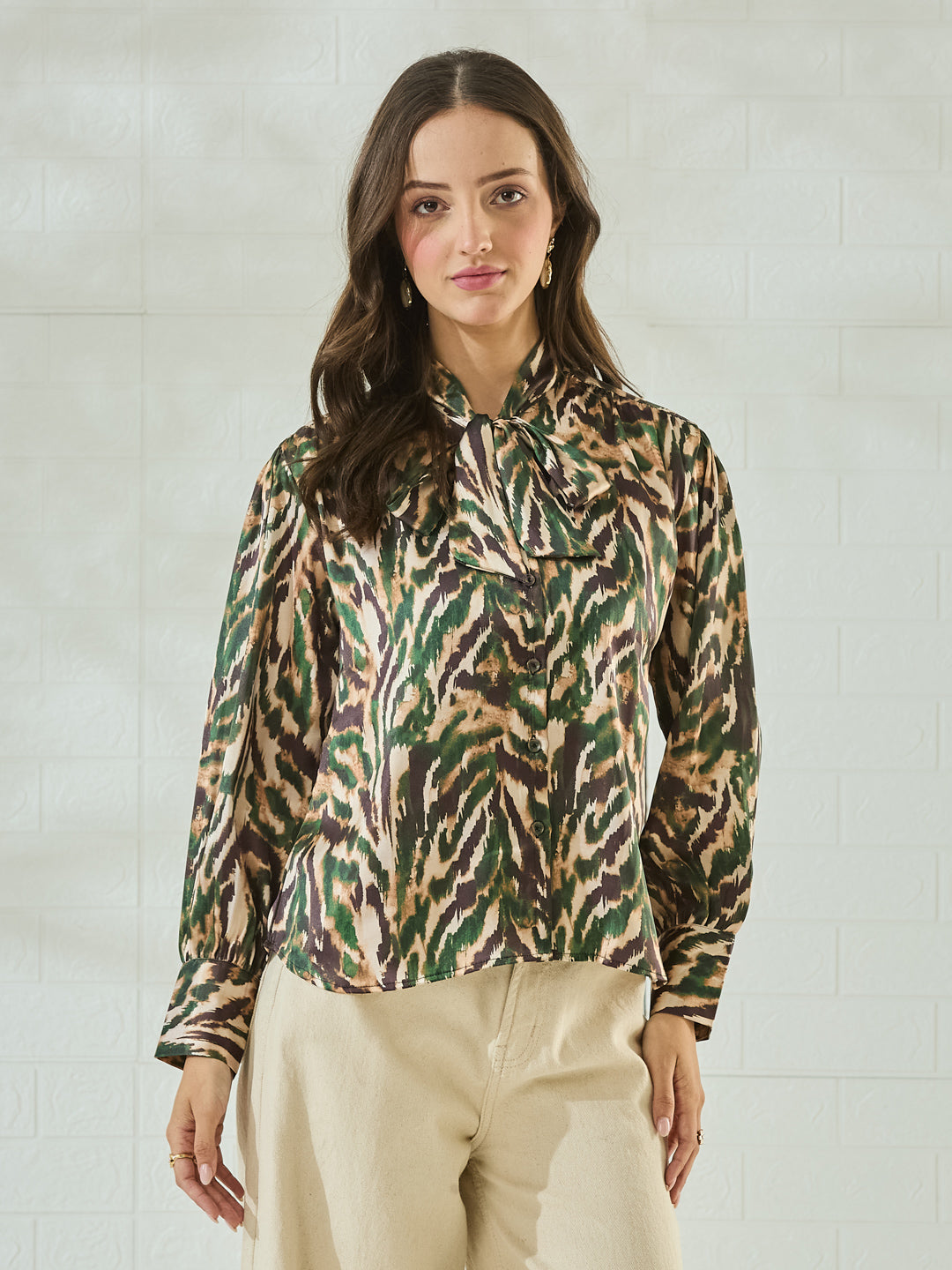 Women's Green Satin Abstract Printed Tie-Neck Regular Shirt