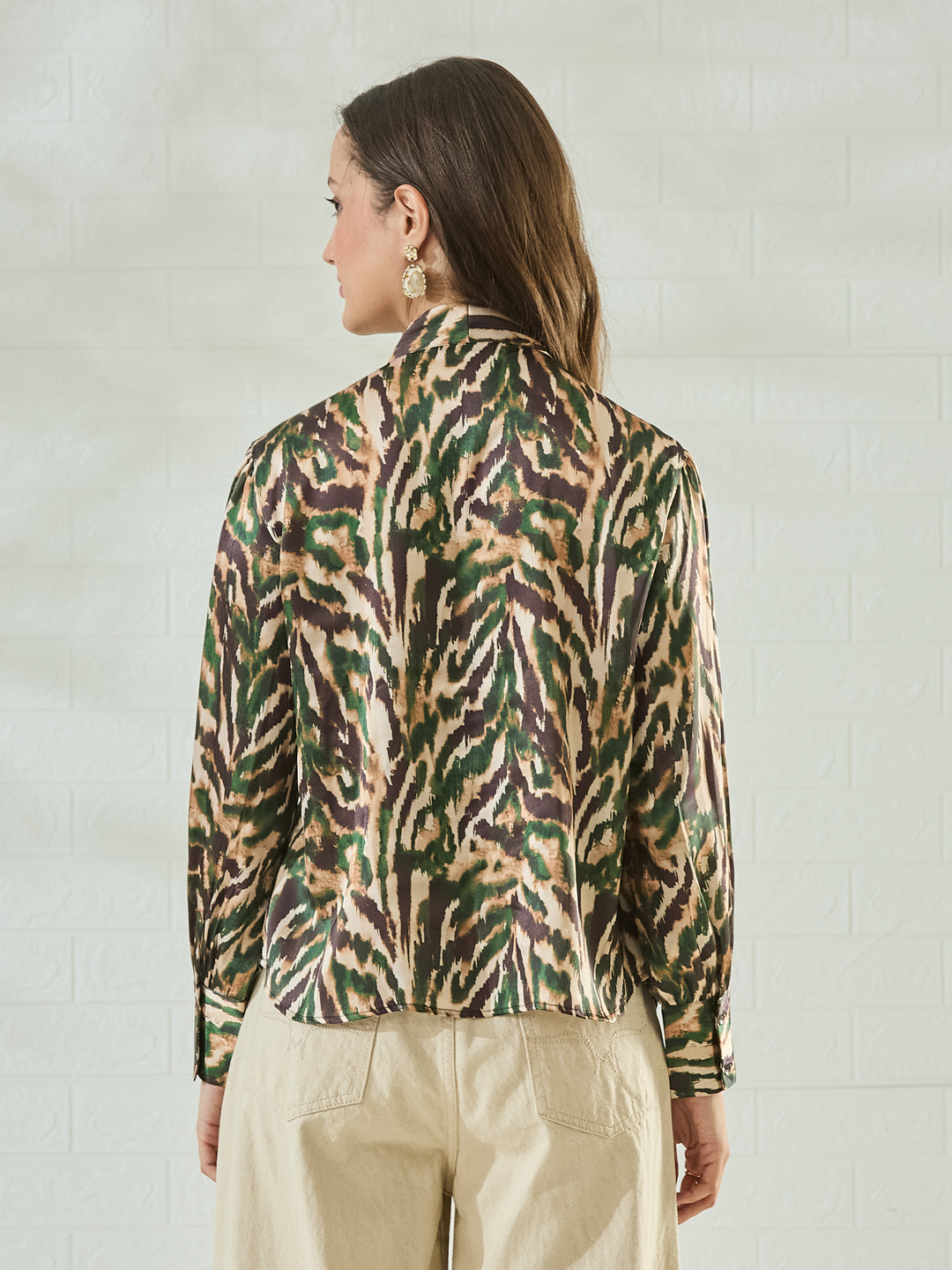 Women's Green Satin Abstract Printed Tie-Neck Regular Shirt