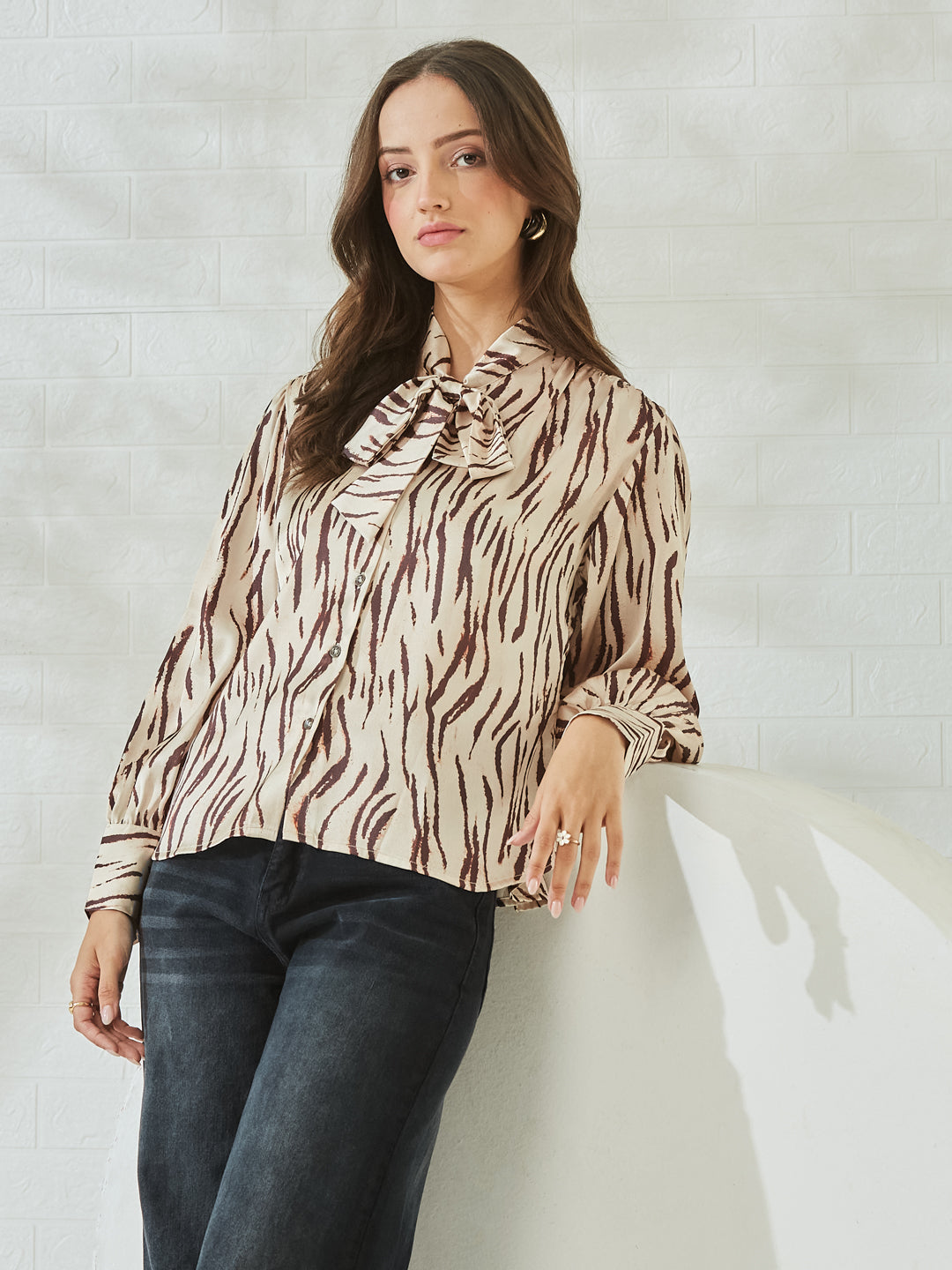 Coffee Satin Abstract Printed Bow Collar Regular Shirt For Women
