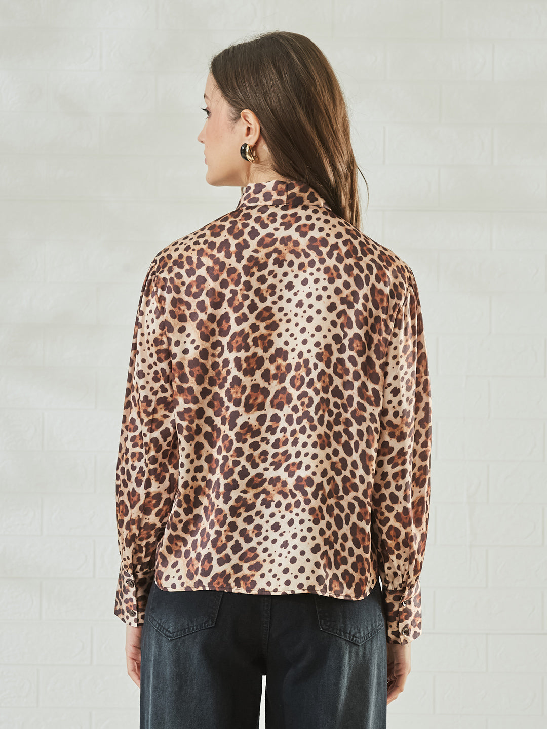 Women's Premium Brown Satin Abstract Print Button-Down Regular Shirt