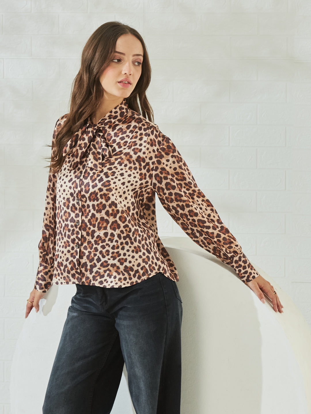 Women's Premium Brown Satin Abstract Print Button-Down Regular Shirt