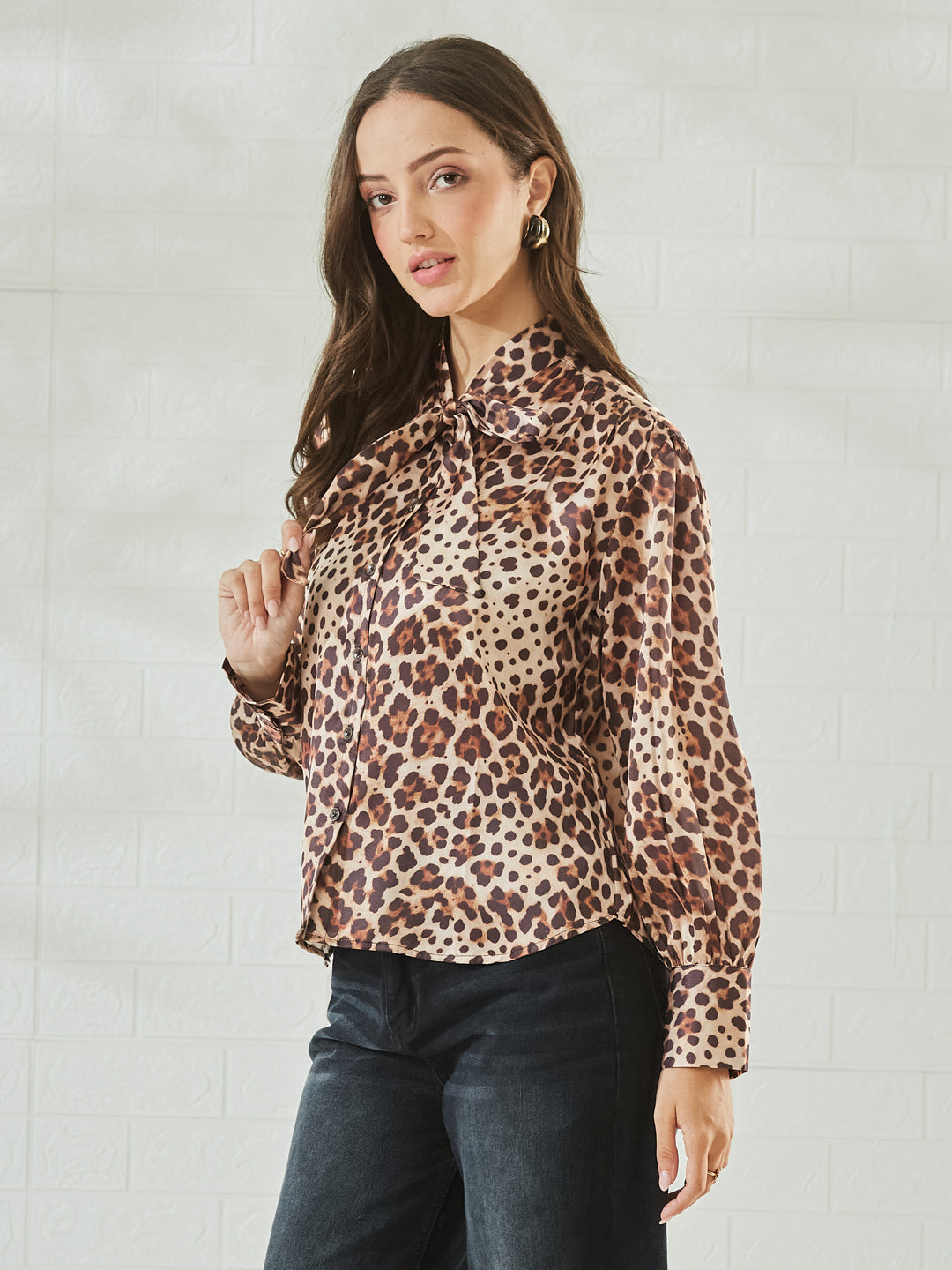 Women's Premium Brown Satin Abstract Print Button-Down Regular Shirt