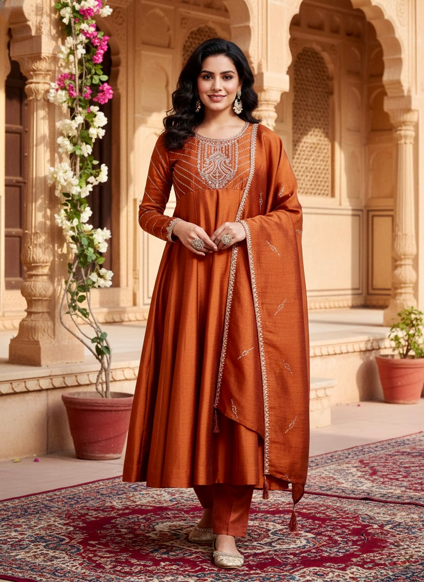Rust Embroidered Silk Anarkali Kurta With Dupatta Set