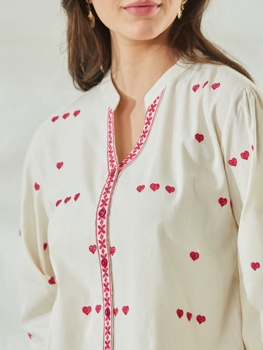 Women's Off-White Embroidered Cotton Shirt with Pink Heart Motif