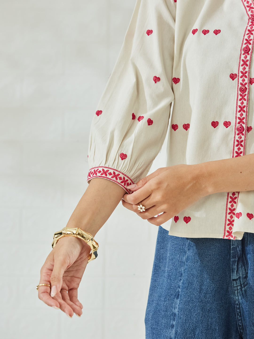 Women's Off-White Embroidered Cotton Shirt with Pink Heart Motif