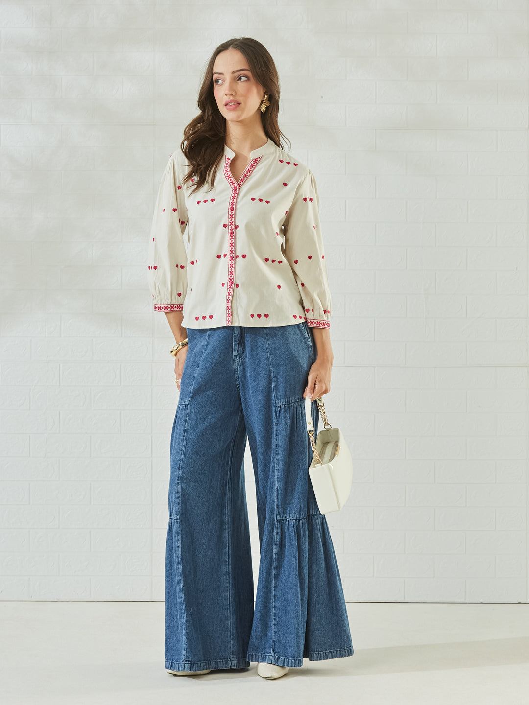 Women's Off-White Embroidered Cotton Shirt with Pink Heart Motif