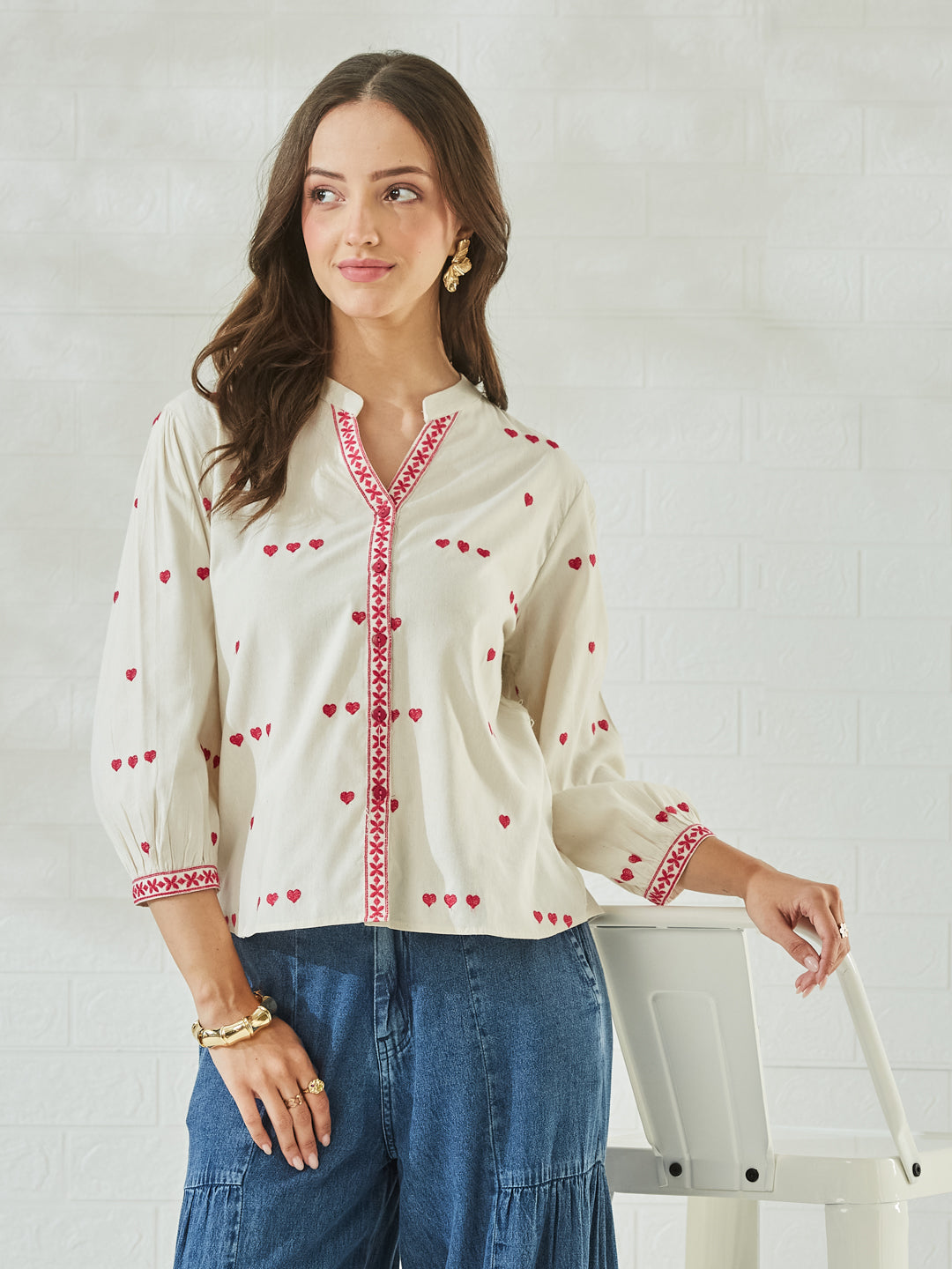 Women's Off-White Embroidered Cotton Shirt with Pink Heart Motif