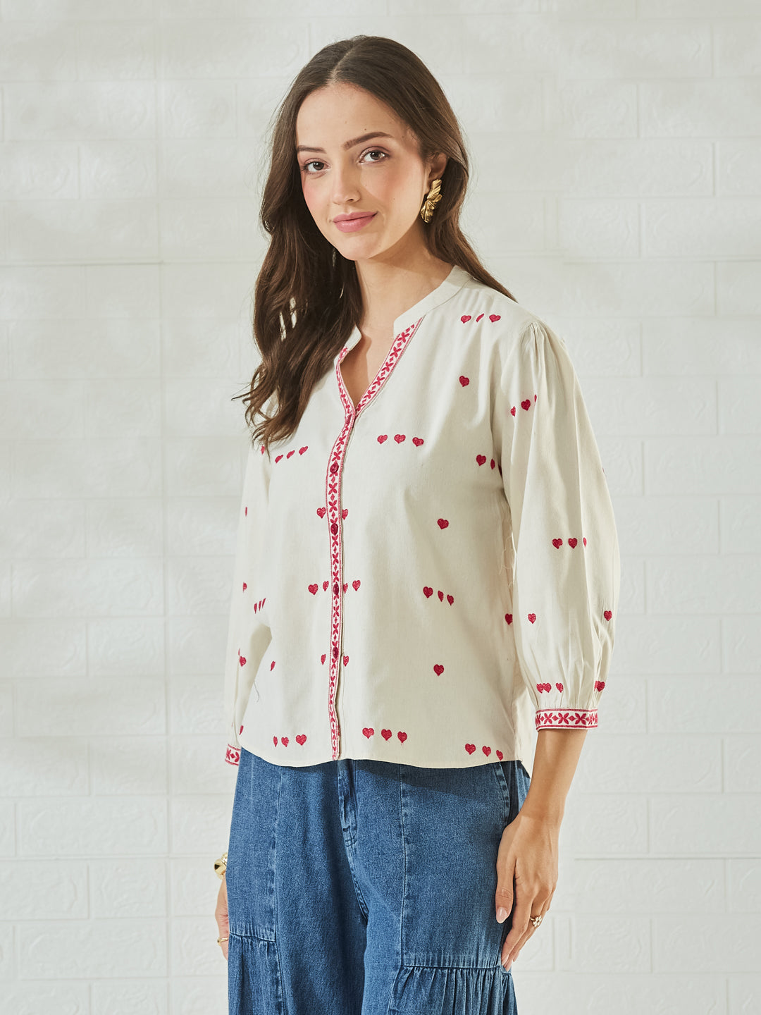 Women's Off-White Embroidered Cotton Shirt with Pink Heart Motif
