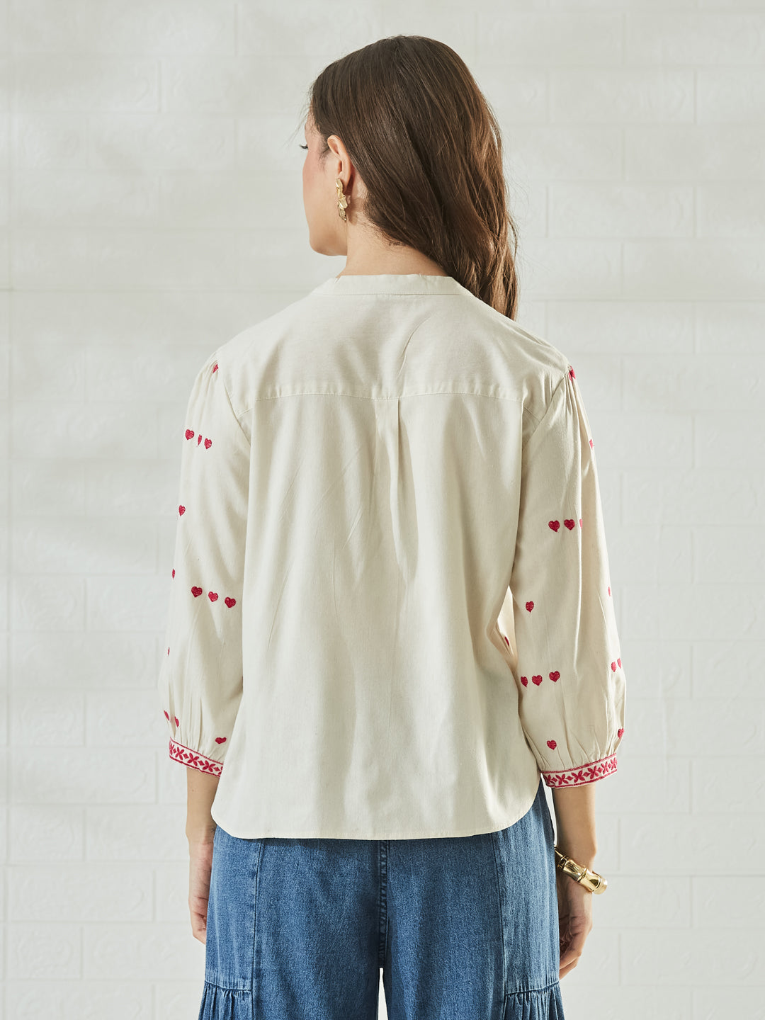 Women's Off-White Embroidered Cotton Shirt with Pink Heart Motif