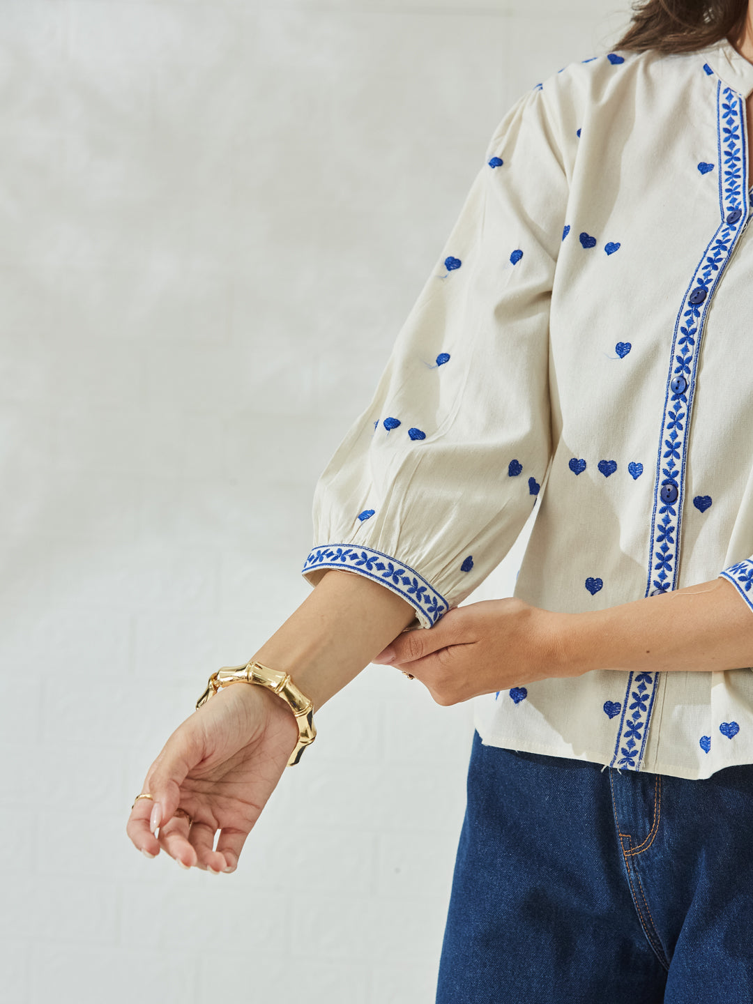 Classic Off White Cotton Shirt with Delicate Blue Embroidery