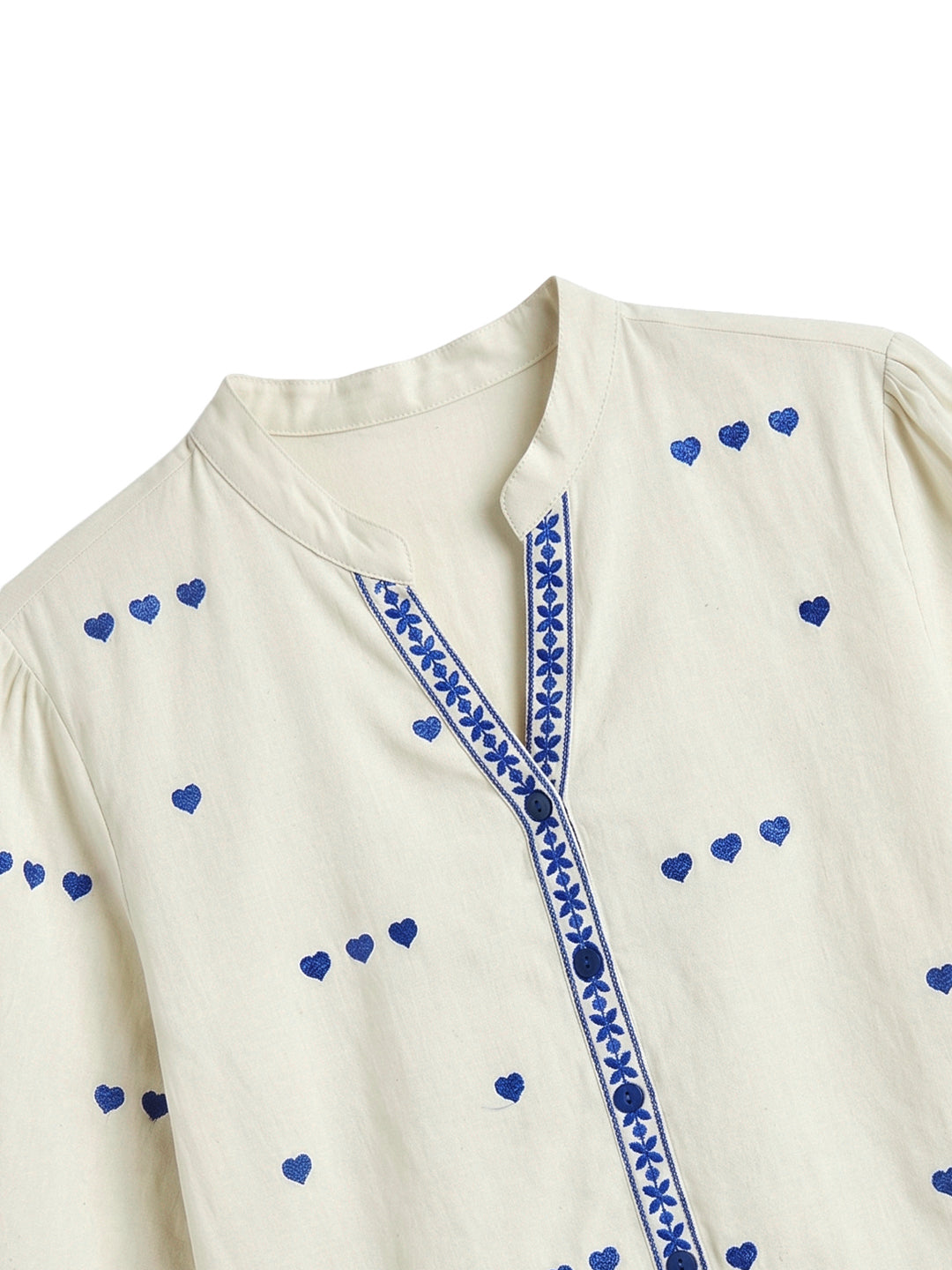 Classic Off White Cotton Shirt with Delicate Blue Embroidery