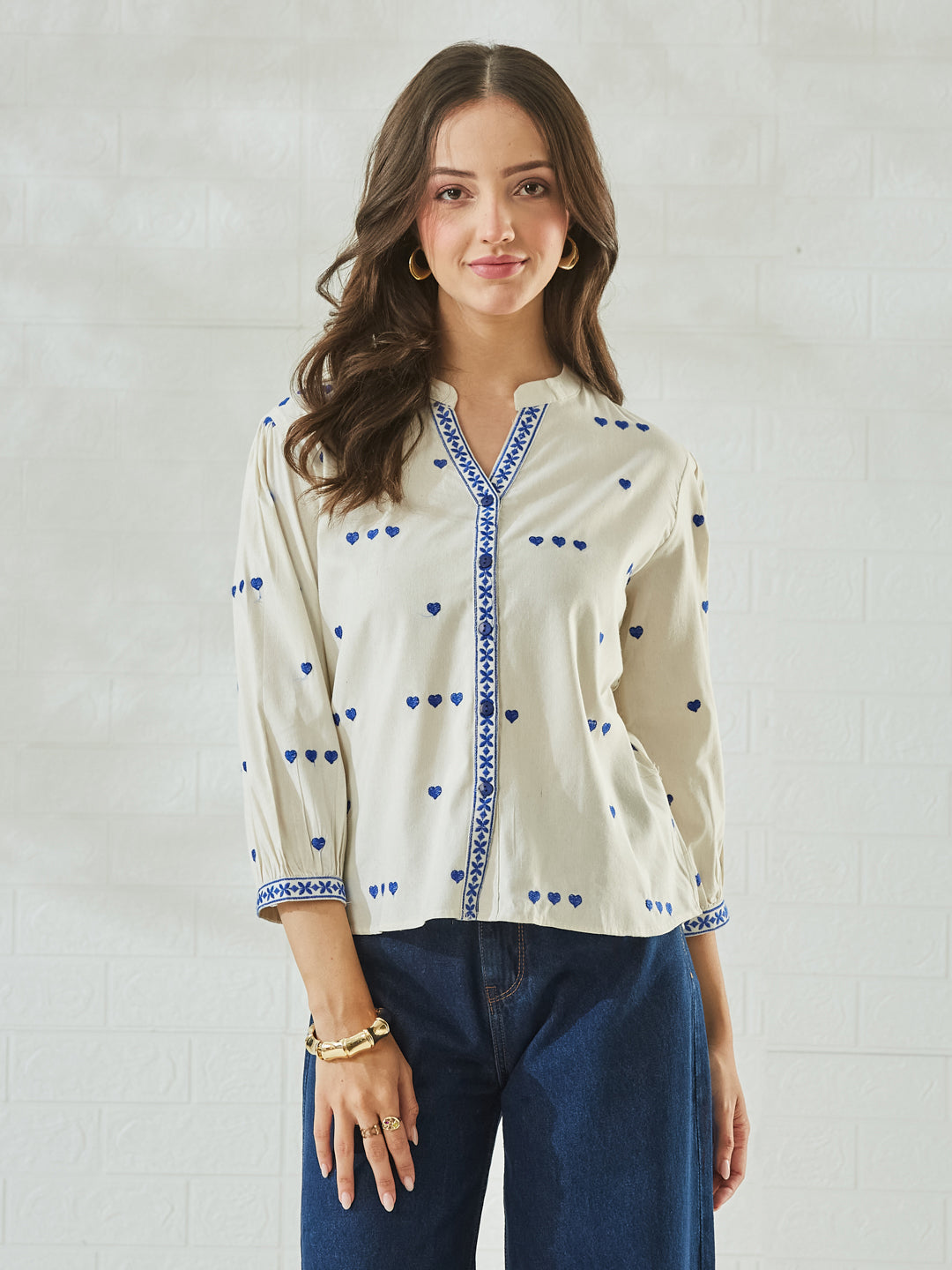 Classic Off White Cotton Shirt with Delicate Blue Embroidery