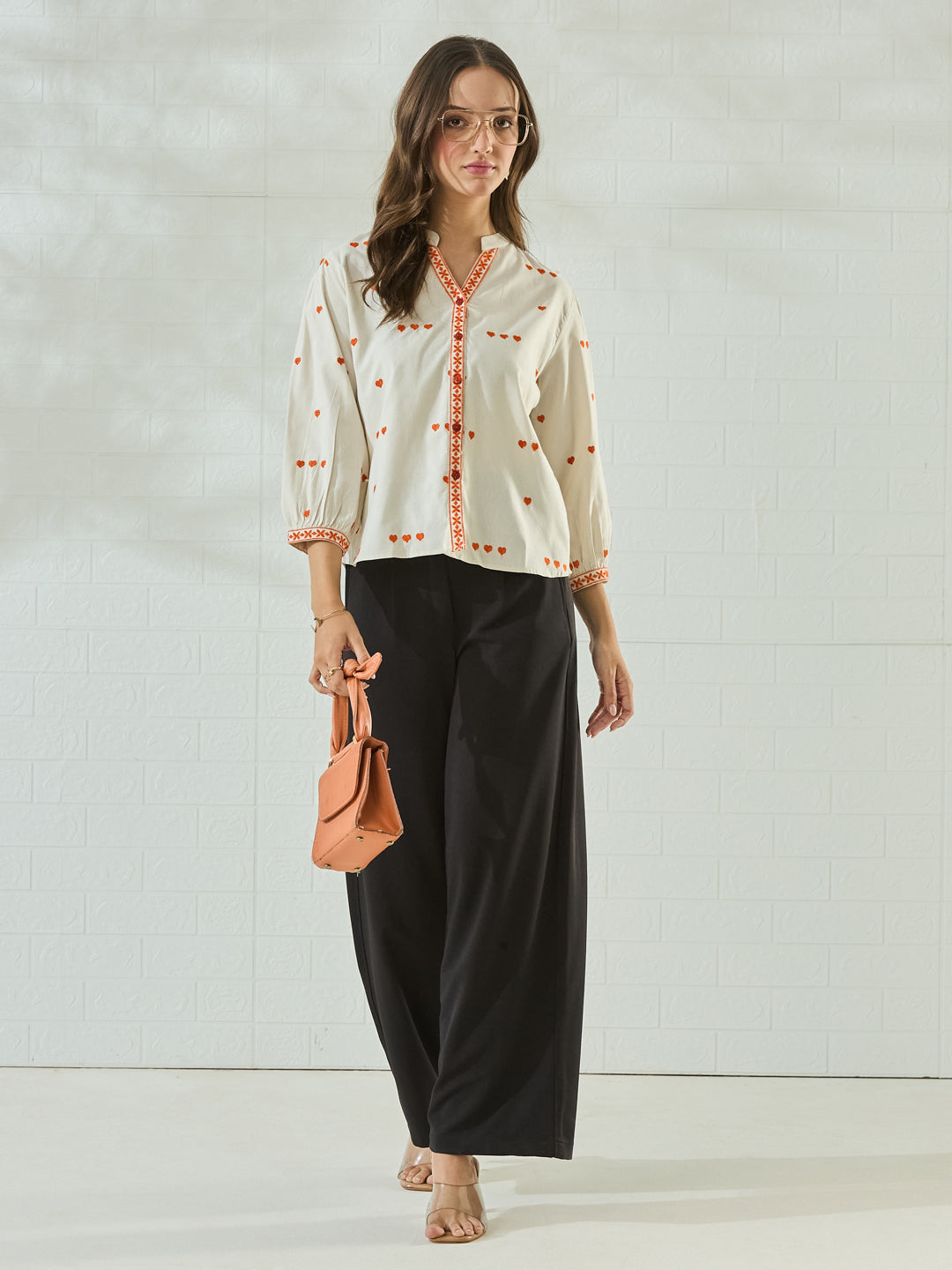 Women's White Embroidered Casual Shirt with Orange Heart Design