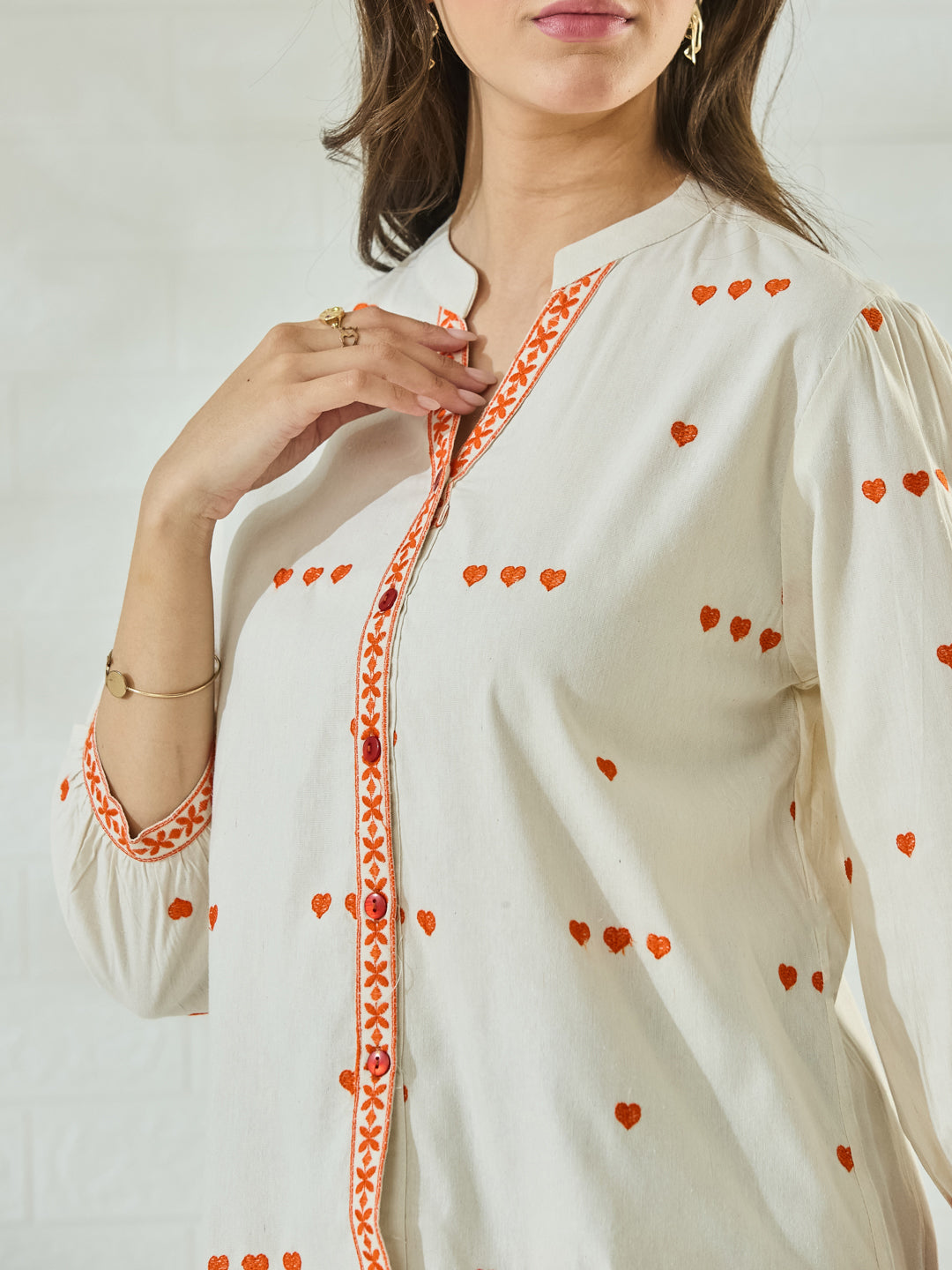 Women's White Embroidered Casual Shirt with Orange Heart Design