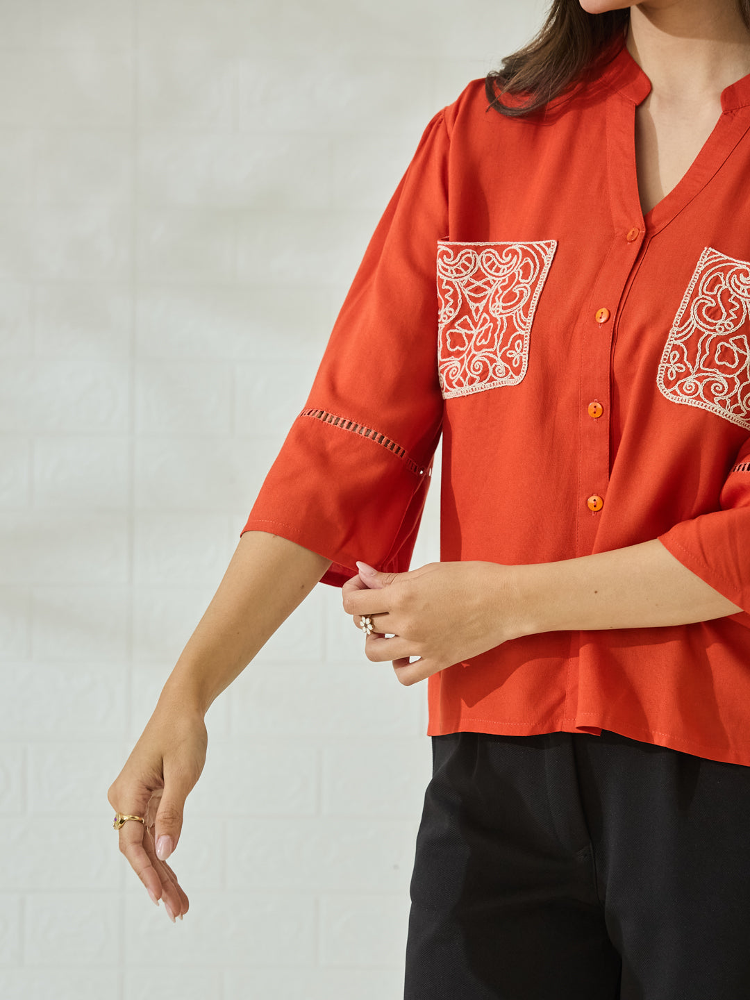 Women's Orange Rayon Embroidered Casual Shirt with Button-Down Front