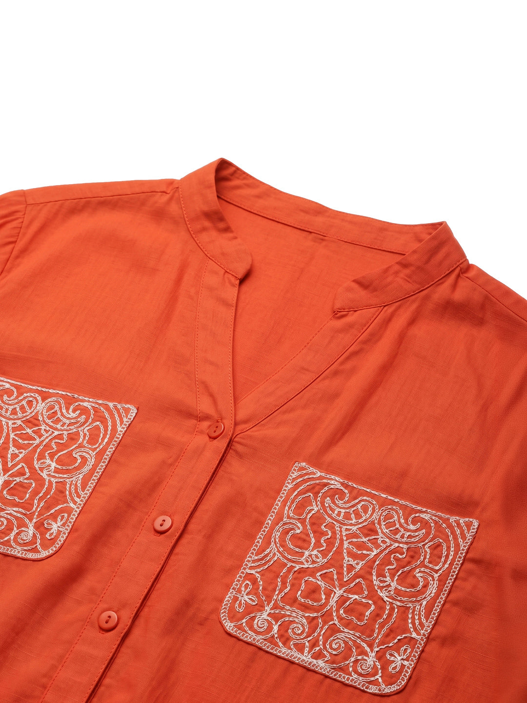 Women's Orange Rayon Embroidered Casual Shirt with Button-Down Front