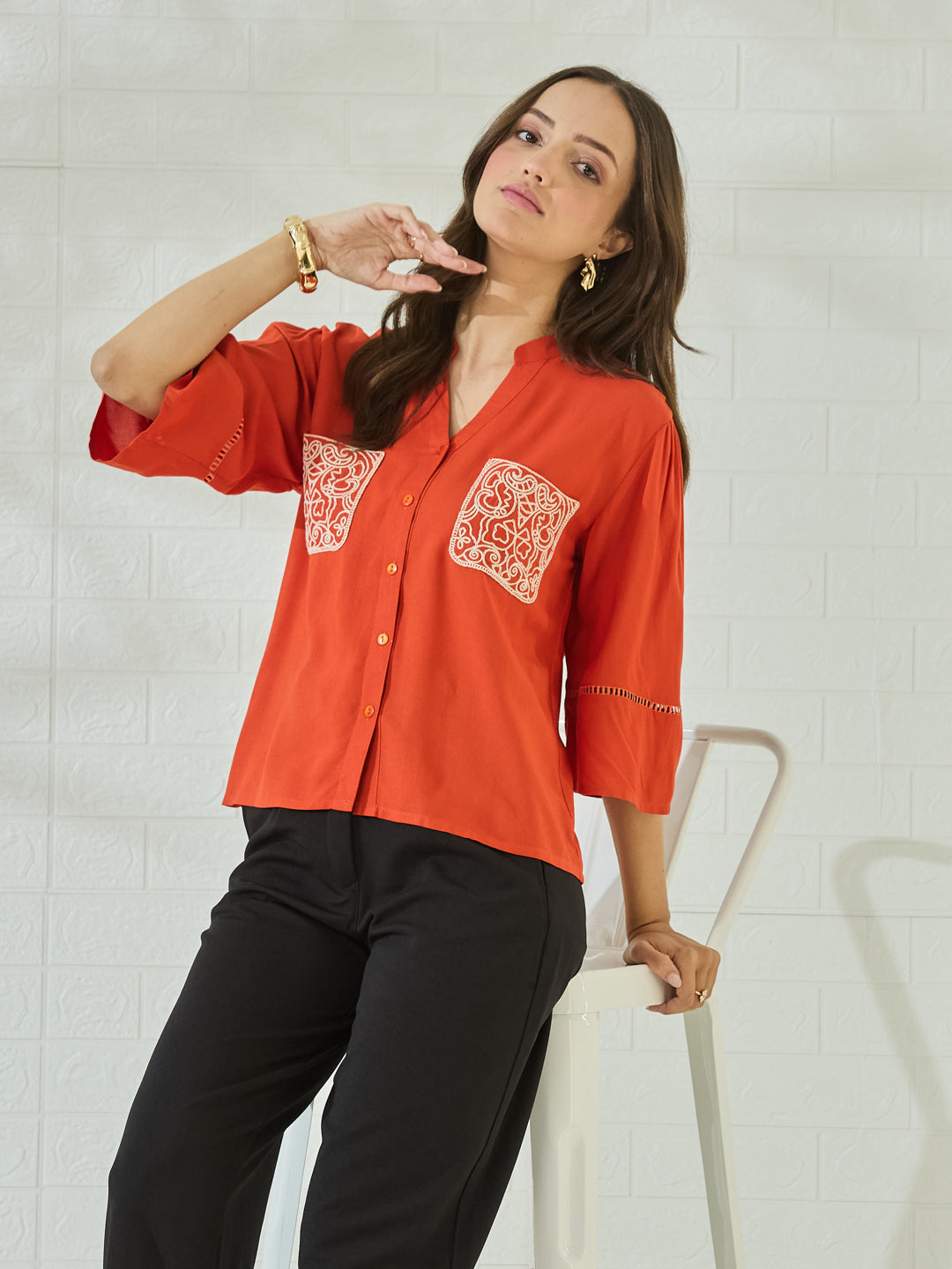 Women's Orange Rayon Embroidered Casual Shirt with Button-Down Front