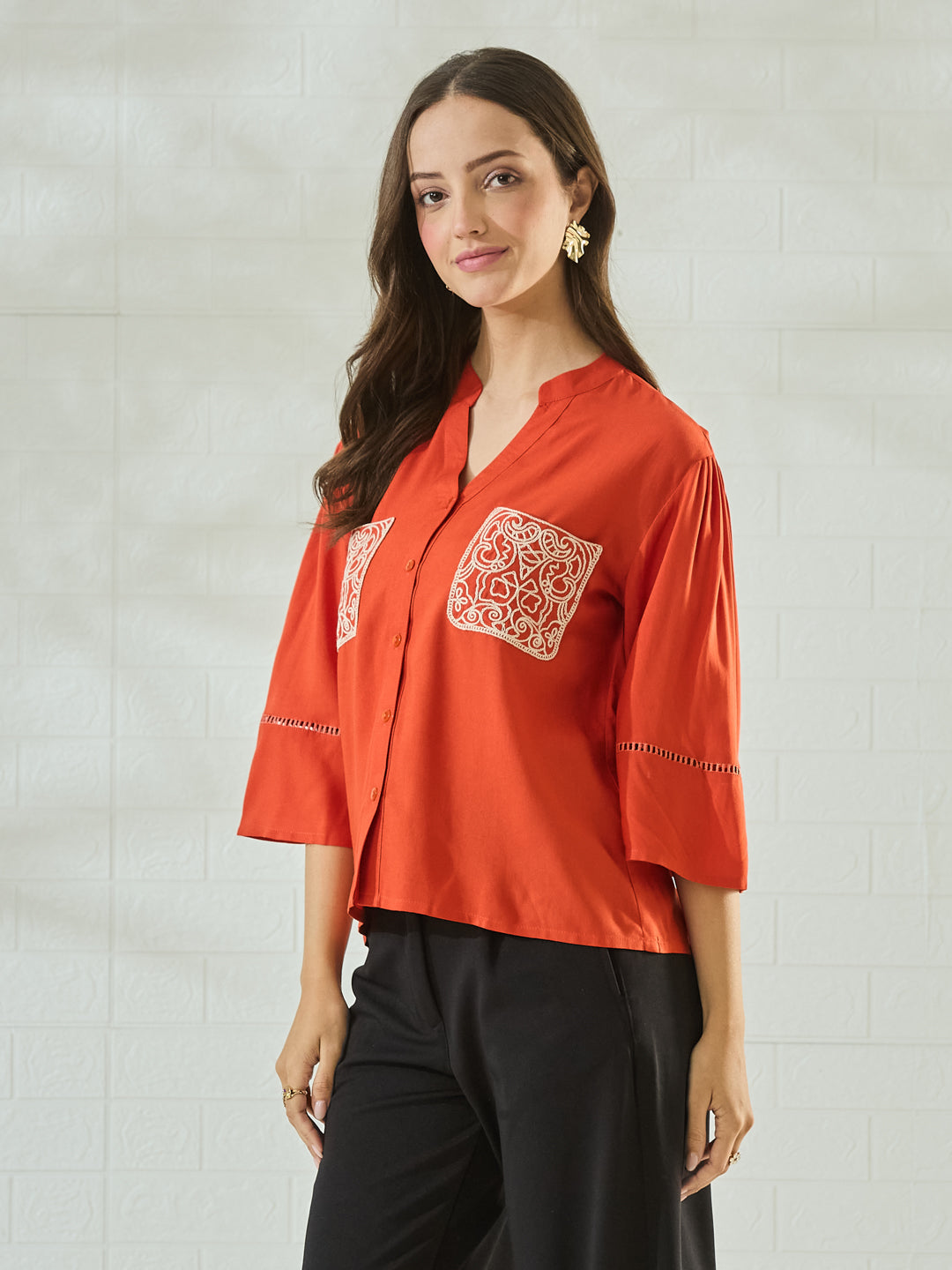 Women's Orange Rayon Embroidered Casual Shirt with Button-Down Front
