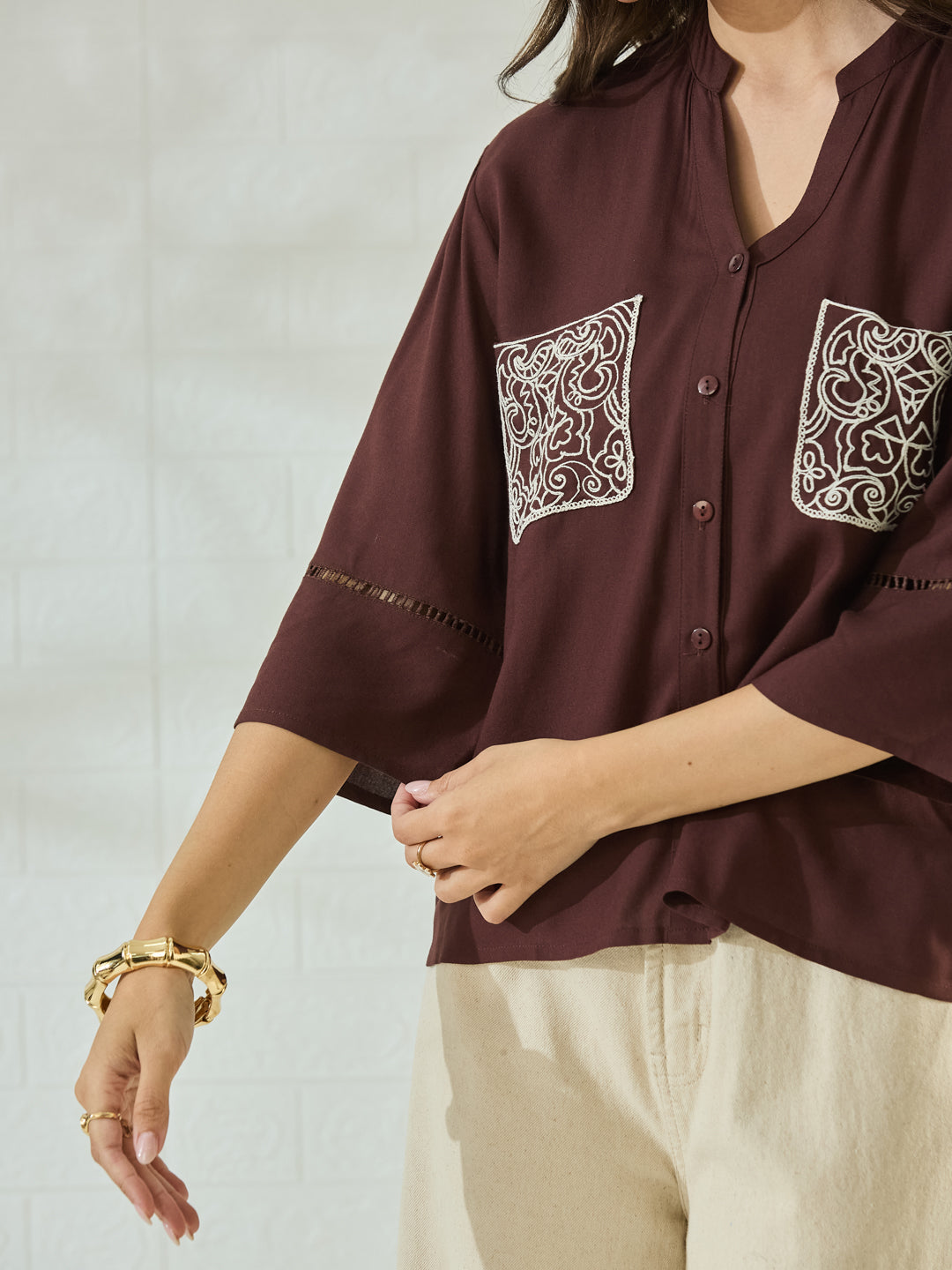 Coffee Rayon Embroidered Pocket Detail Casual Shirt for Women