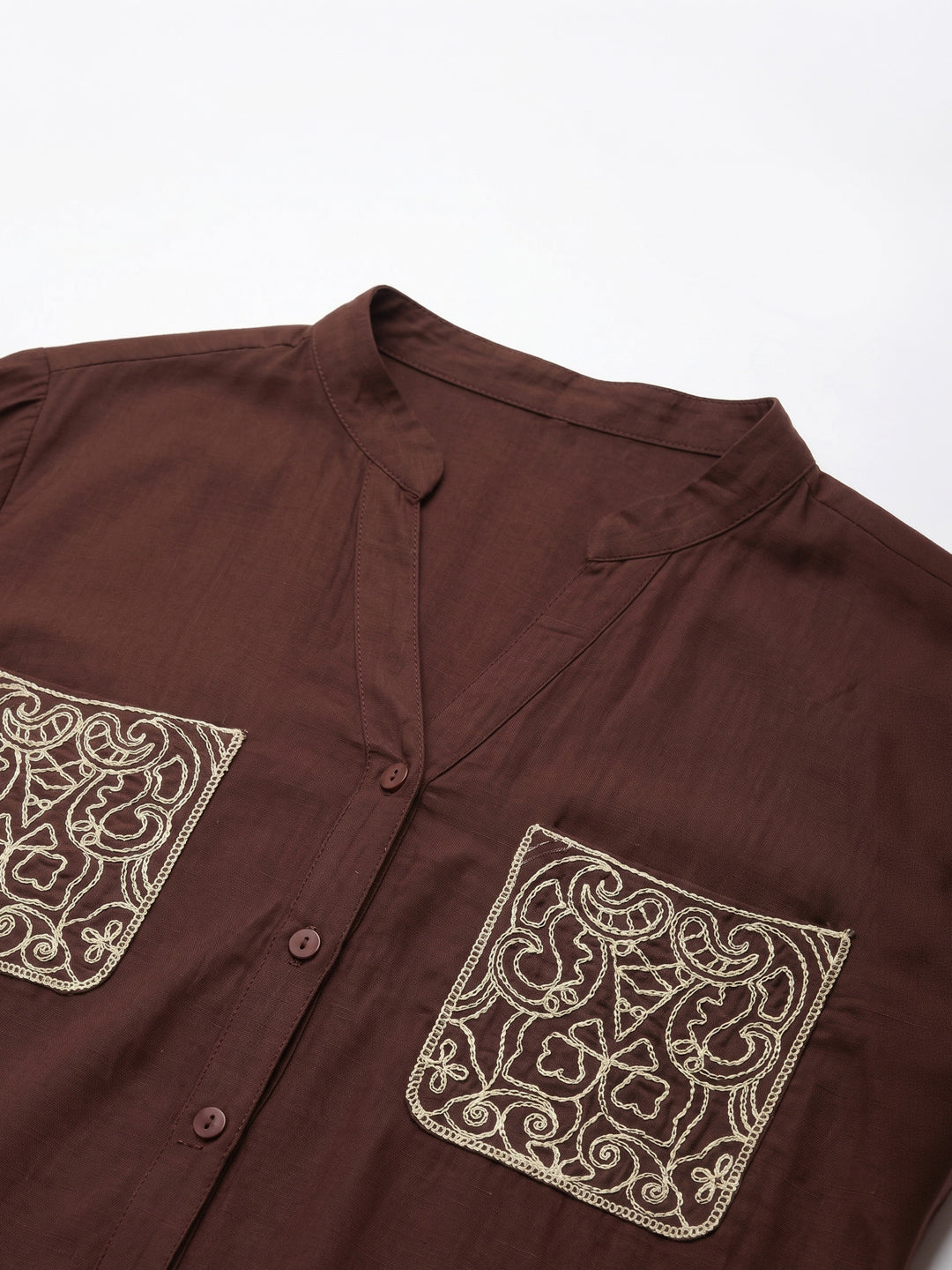 Coffee Rayon Embroidered Pocket Detail Casual Shirt for Women