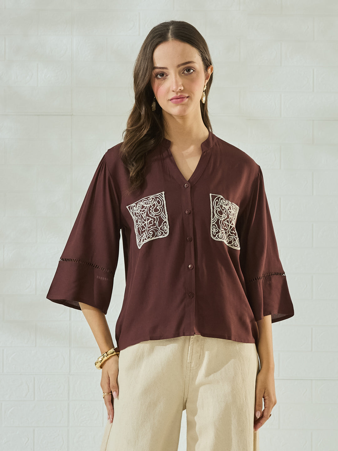 Coffee Rayon Embroidered Pocket Detail Casual Shirt for Women