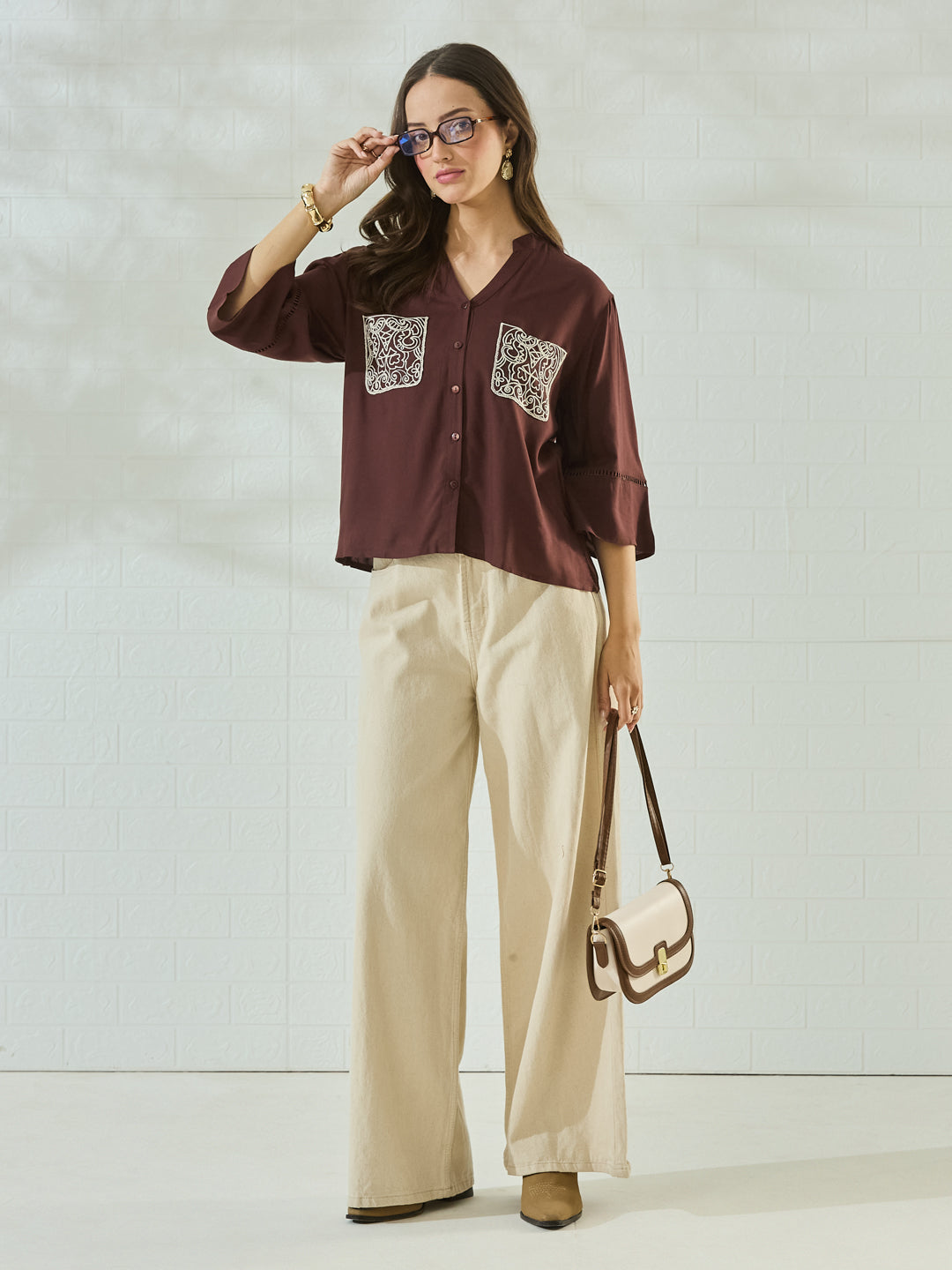 Coffee Rayon Embroidered Pocket Detail Casual Shirt for Women
