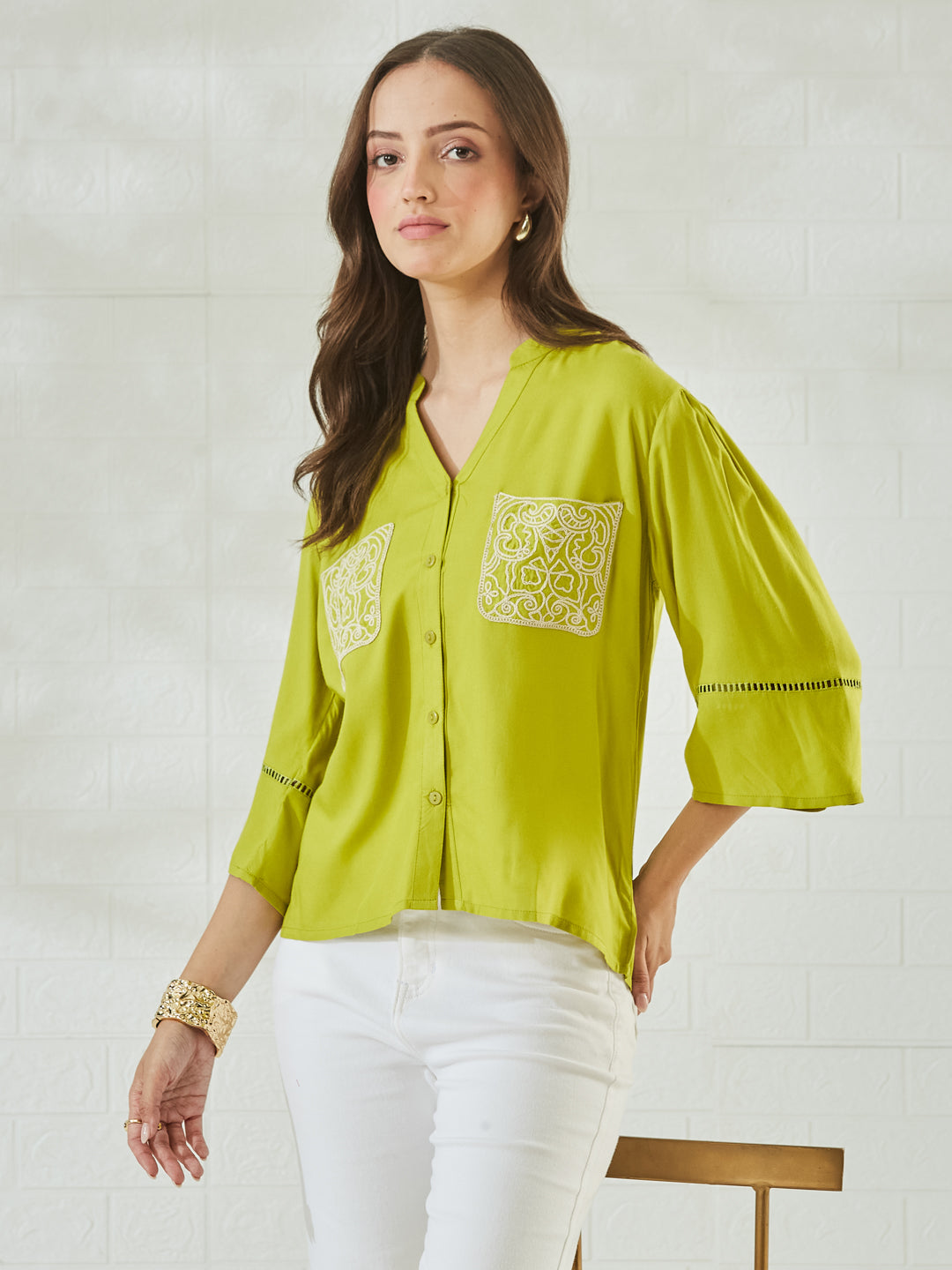 Women's Designer Neon Rayon Embroidered Everyday Casual Shirt