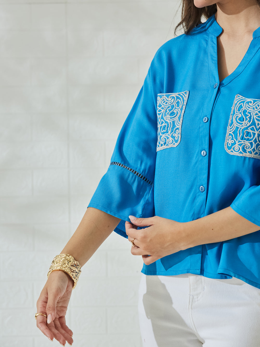 Blue Rayon Button-Down Shirt with Embroidered Patch Pockets for Women