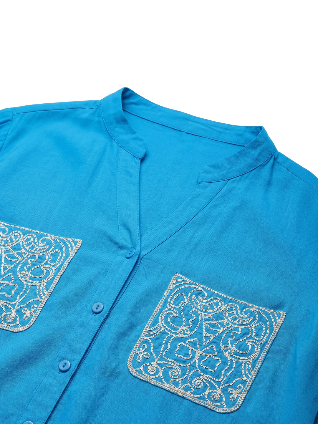Blue Rayon Button-Down Shirt with Embroidered Patch Pockets for Women